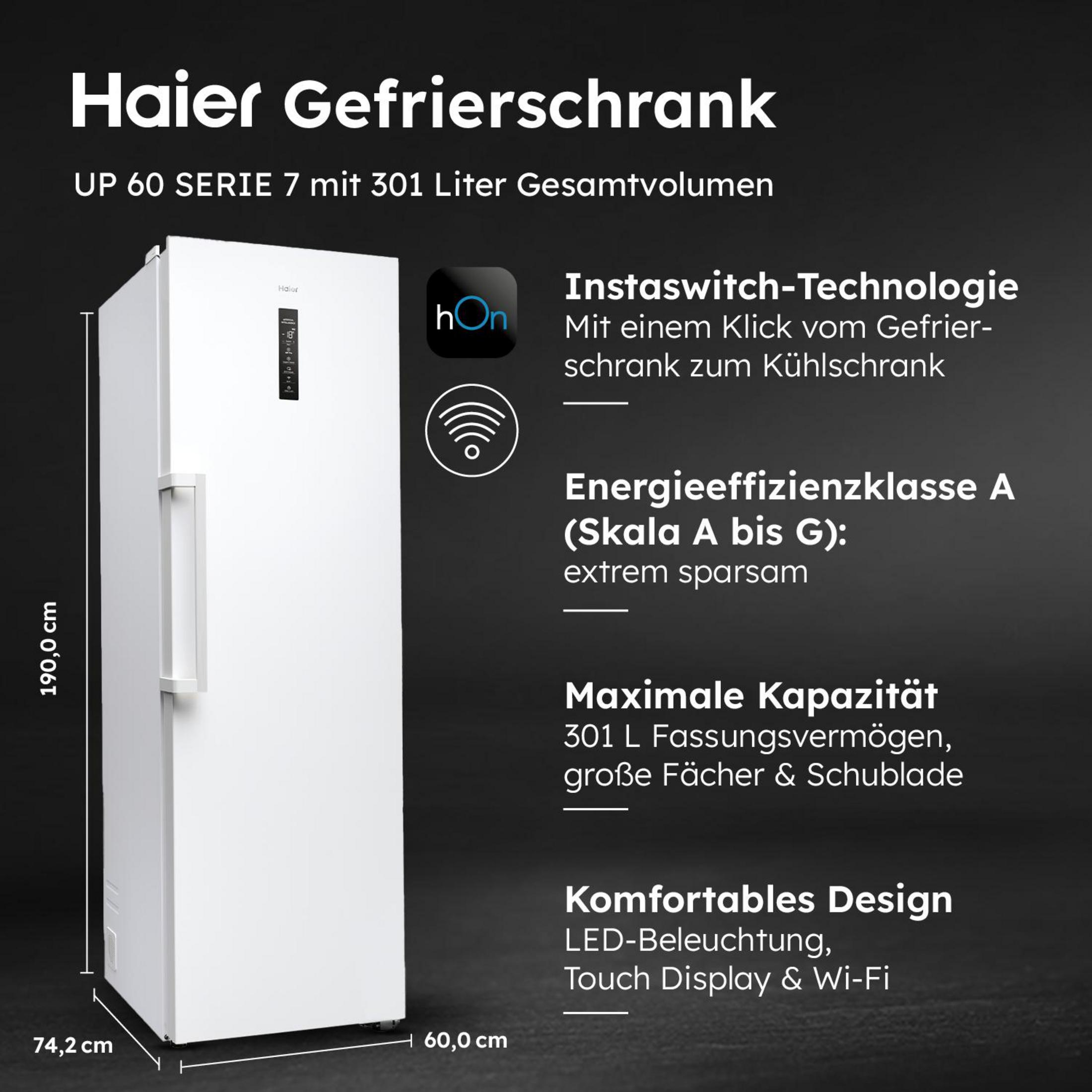 Weißer Haier Gefrierschrank mit Text, Abmessungen und Funktionen.