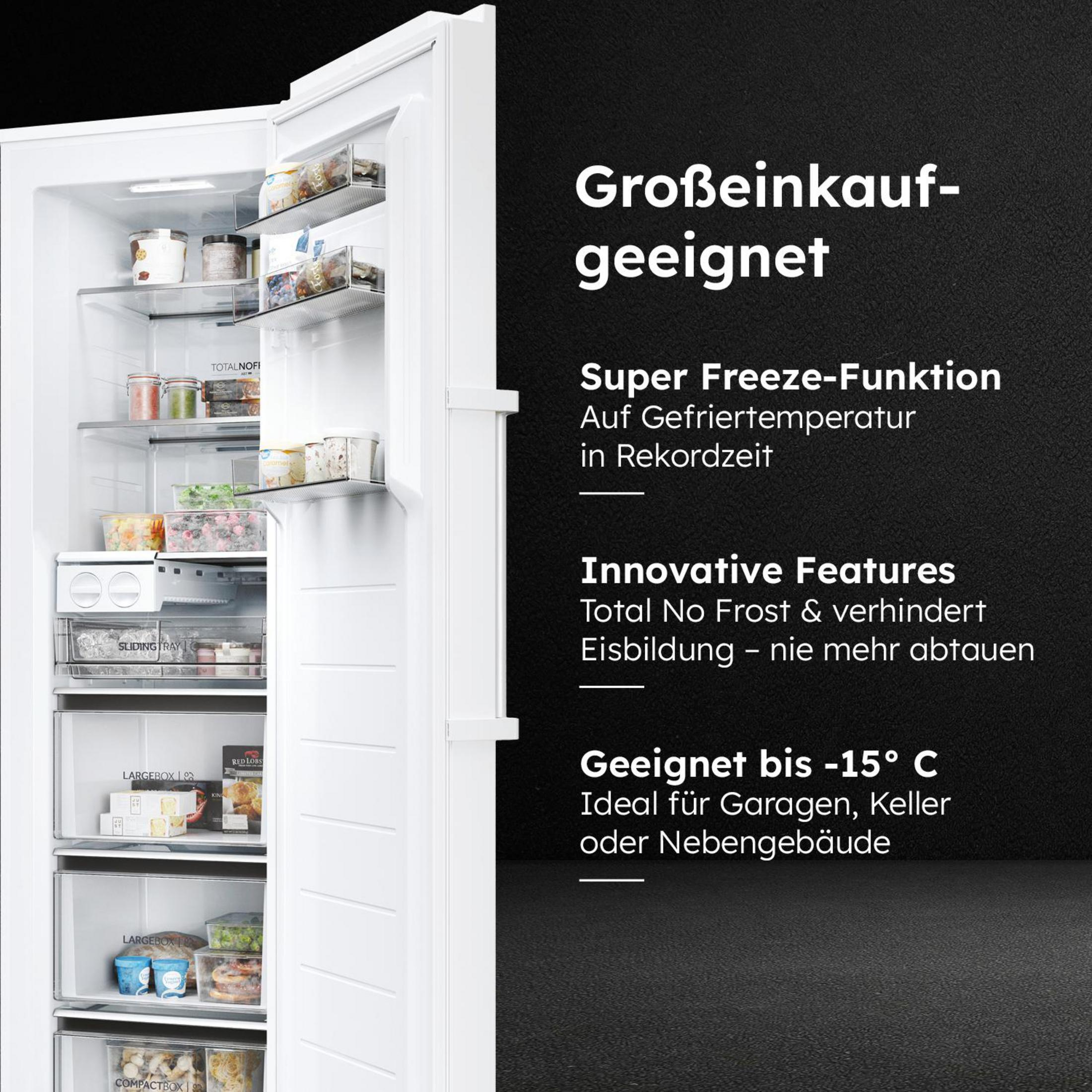 Gefrierer-Innenraum, offene Tür mit Regalen, Schubladen, Inhalt.