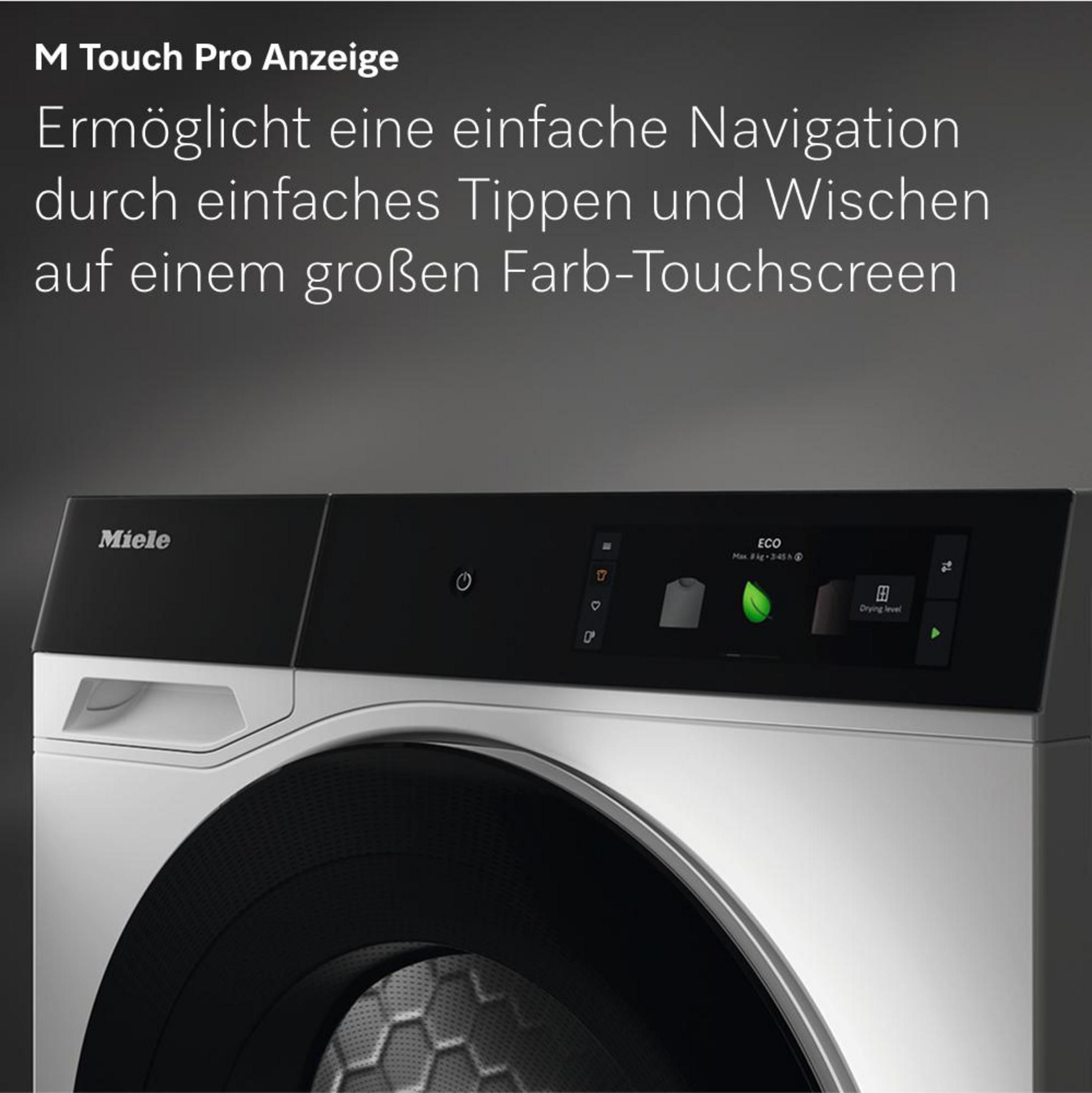 Un primo piano del pannello di controllo di un'asciugatrice Miele con display touchscreen.