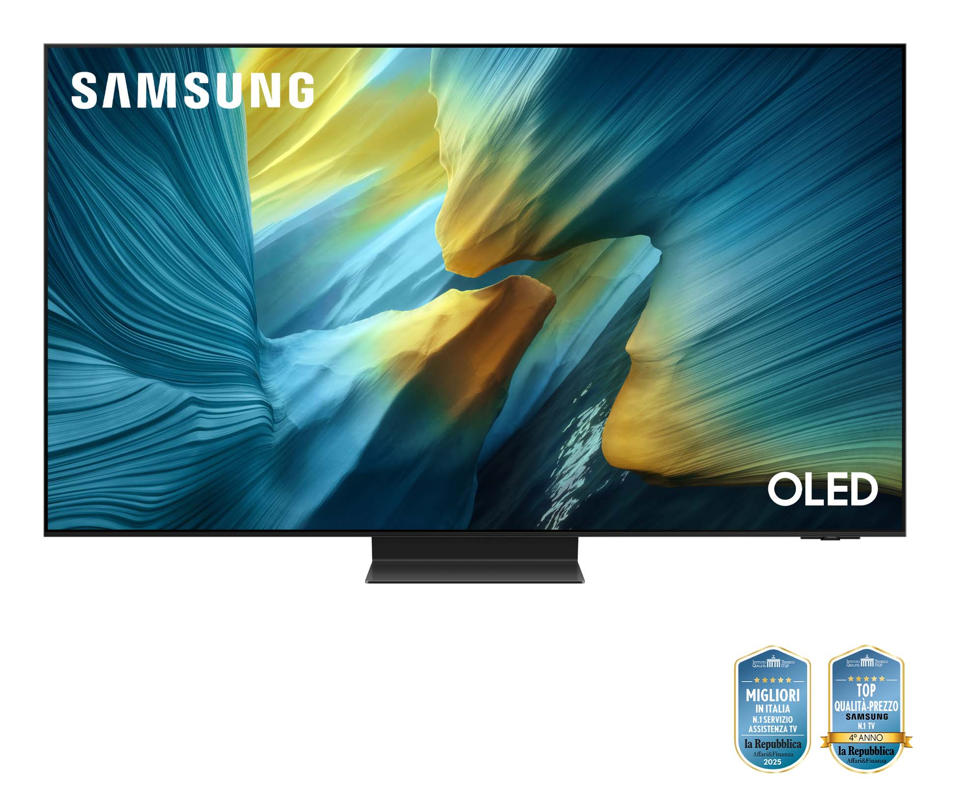 Un téléviseur Samsung OLED avec un fond abstrait coloré. Le téléviseur a deux prix.