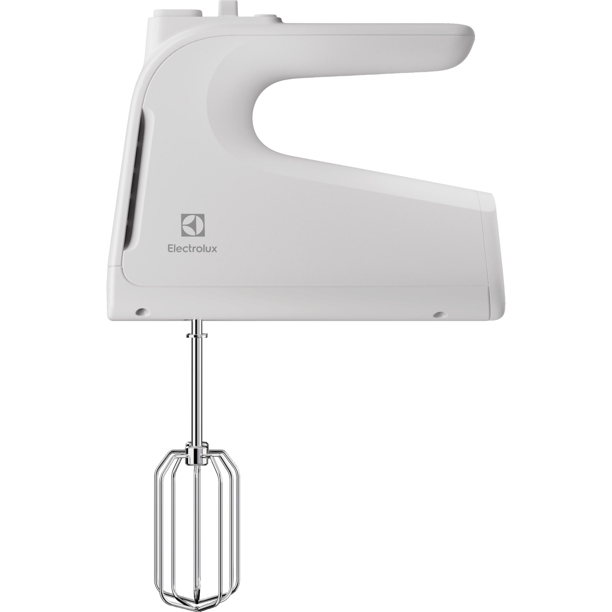 Weißer Handmixer mit einem einzelnen Schneebesen, Marke Electrolux, isoliert auf schwarzem Hintergrund.