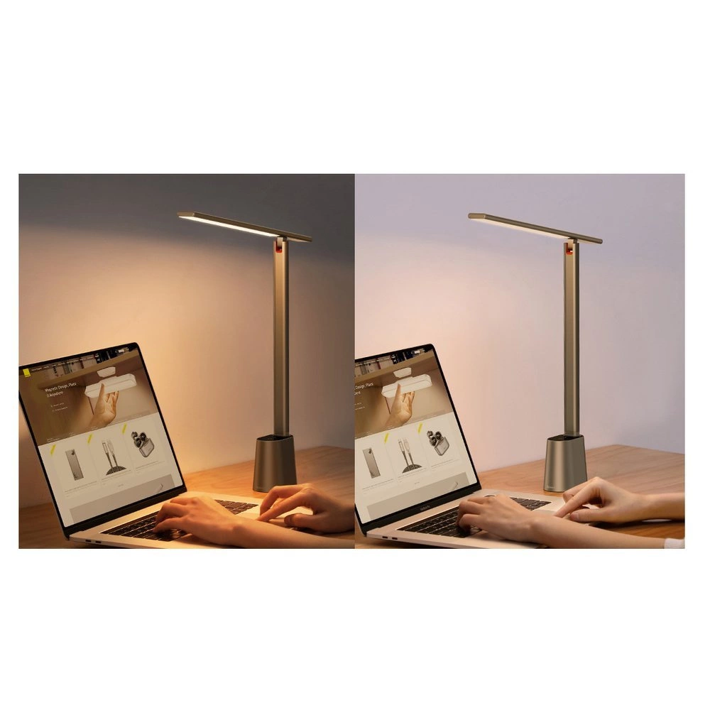 Dwa obrazy: lampa biurkowa nad laptopem. Lampa i laptop są identyczne, ale światło się zmienia.