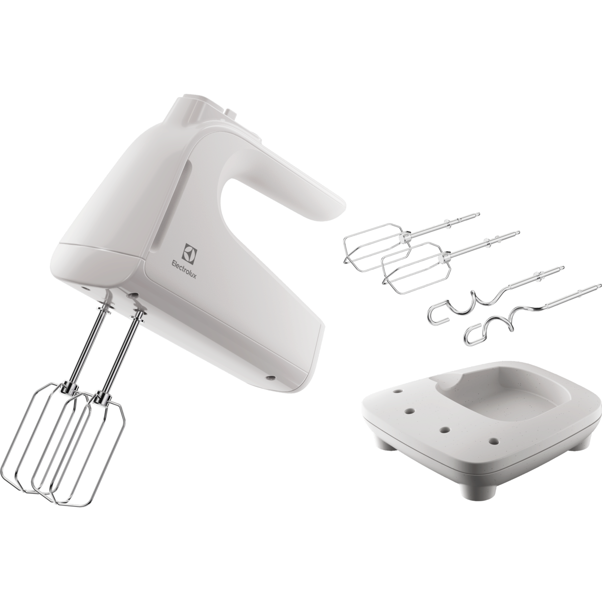 Weißer Handmixer mit Rührbesen und Ständer, Marke Electrolux. Isoliert vor dunklem Hintergrund.