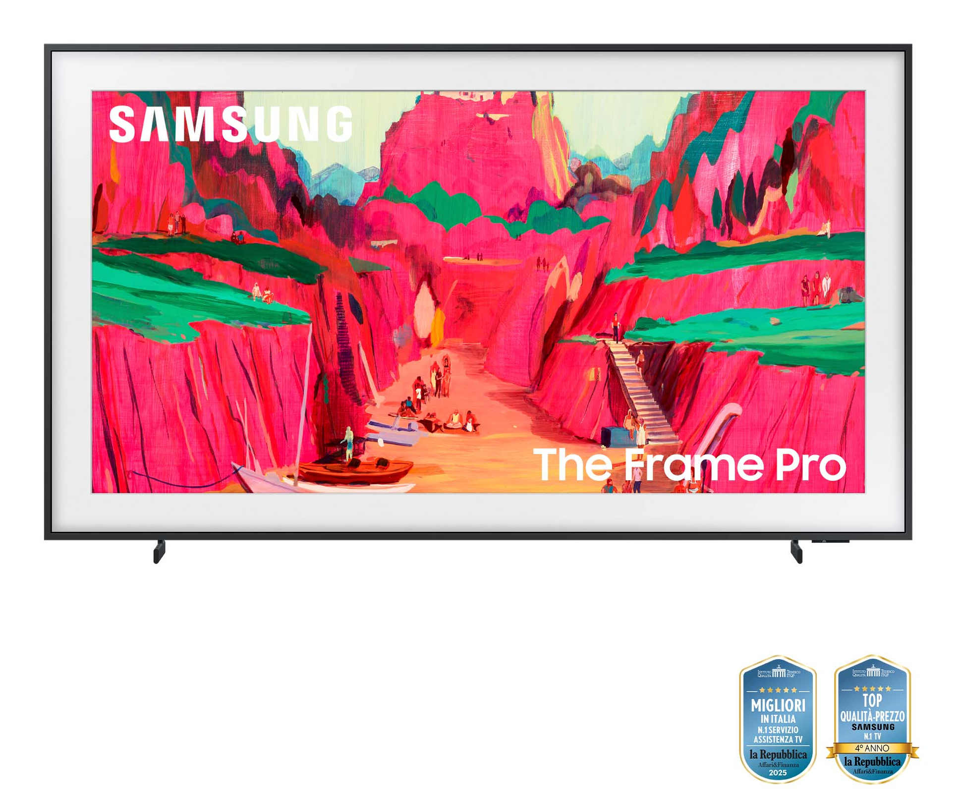 Samsung Frame Pro TV affichant une peinture de paysage colorée. Un cadre noir avec un bord blanc.