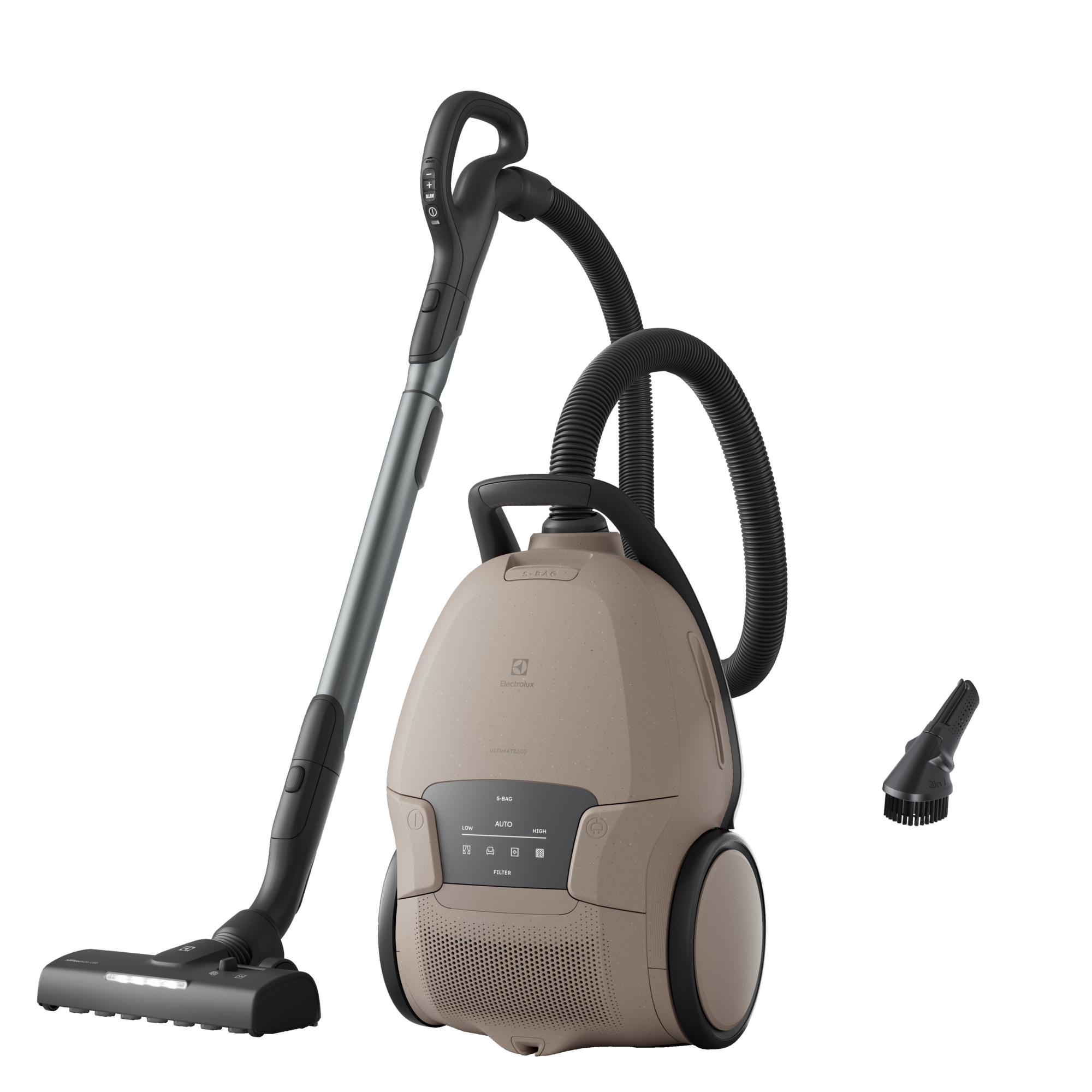 Aspirapolvere Electrolux beige con tubo e accessori, su sfondo nero. Vista laterale.