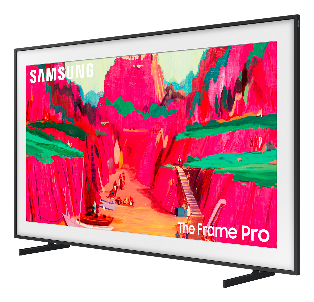 Samsung Frame Pro TV che mostra un dipinto di paesaggio colorato. Cornice nera, supporti.