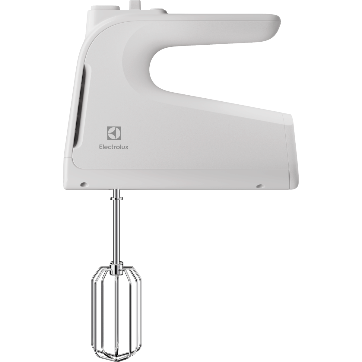 Weißer Electrolux-Handmixer, Electrolux-Logo sichtbar, auf schwarzem Hintergrund.