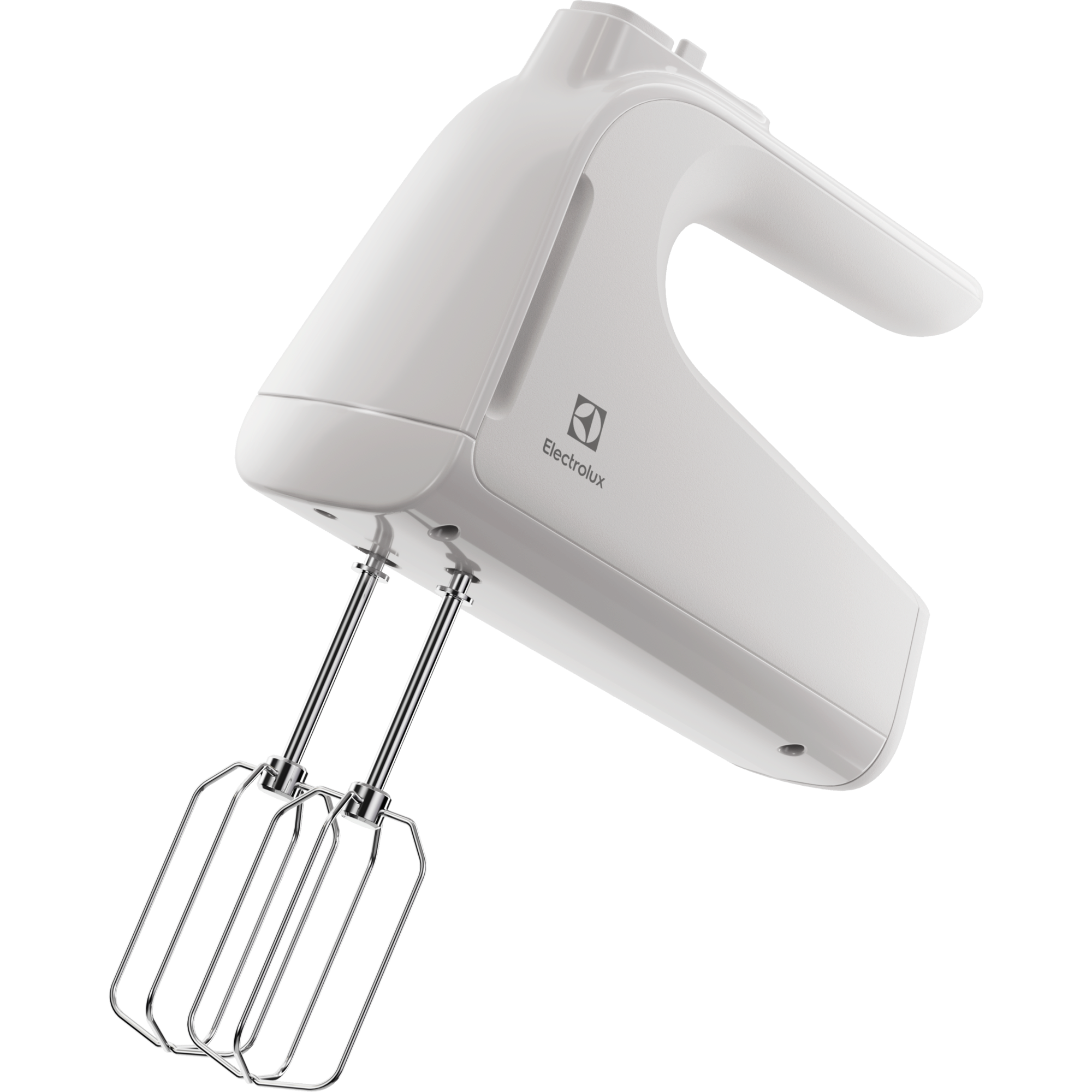 Weißer Electrolux-Handmixer mit zwei Schneebesen, auf schwarzem Hintergrund.