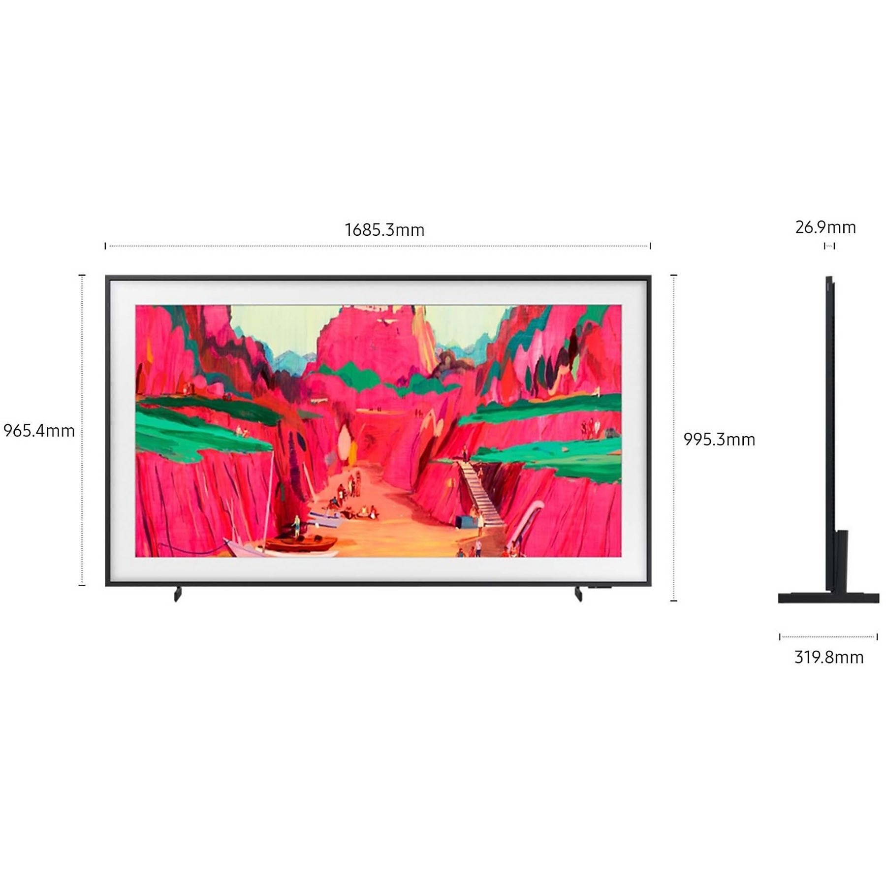 Diagramme d'une télévision à cadre noir avec dimensions et vue de profil latérale.