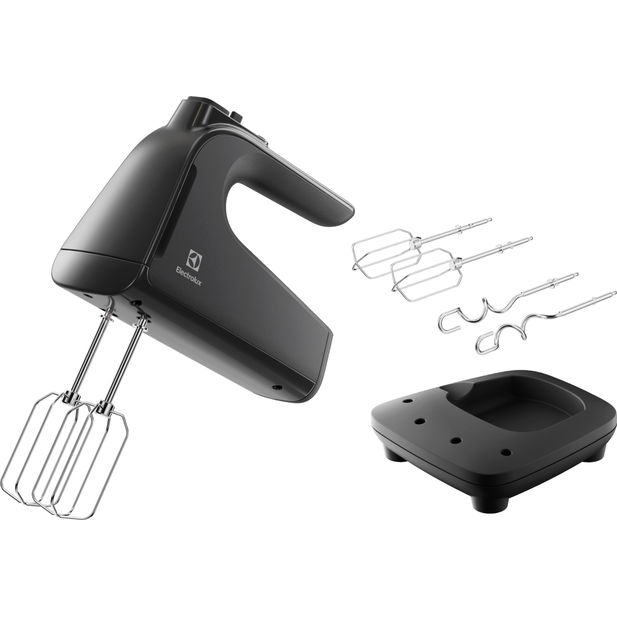 Frullatore a mano nero con fruste e base su sfondo nero. Logo Electrolux visibile.