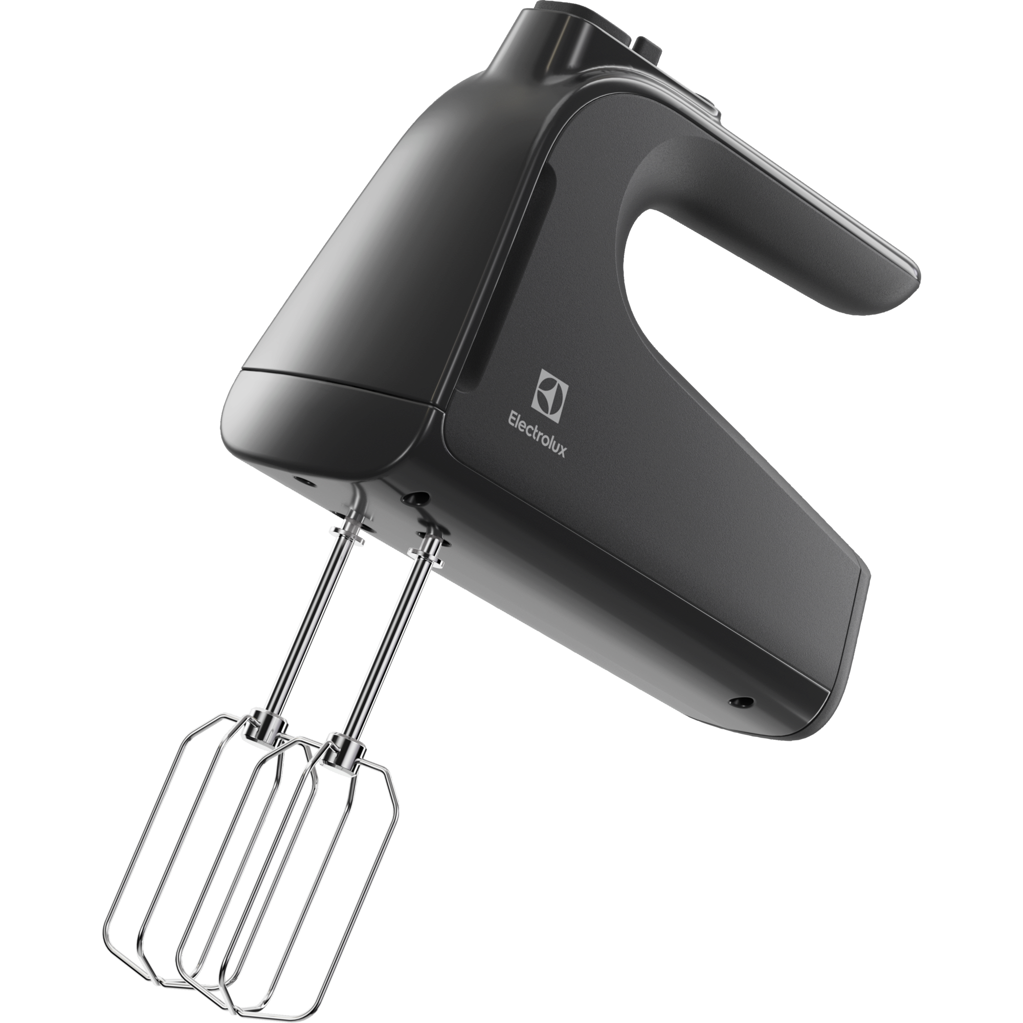 Frullatore a mano nero con fruste, leggermente inclinato. Logo Electrolux visibile. Sfondo nero.