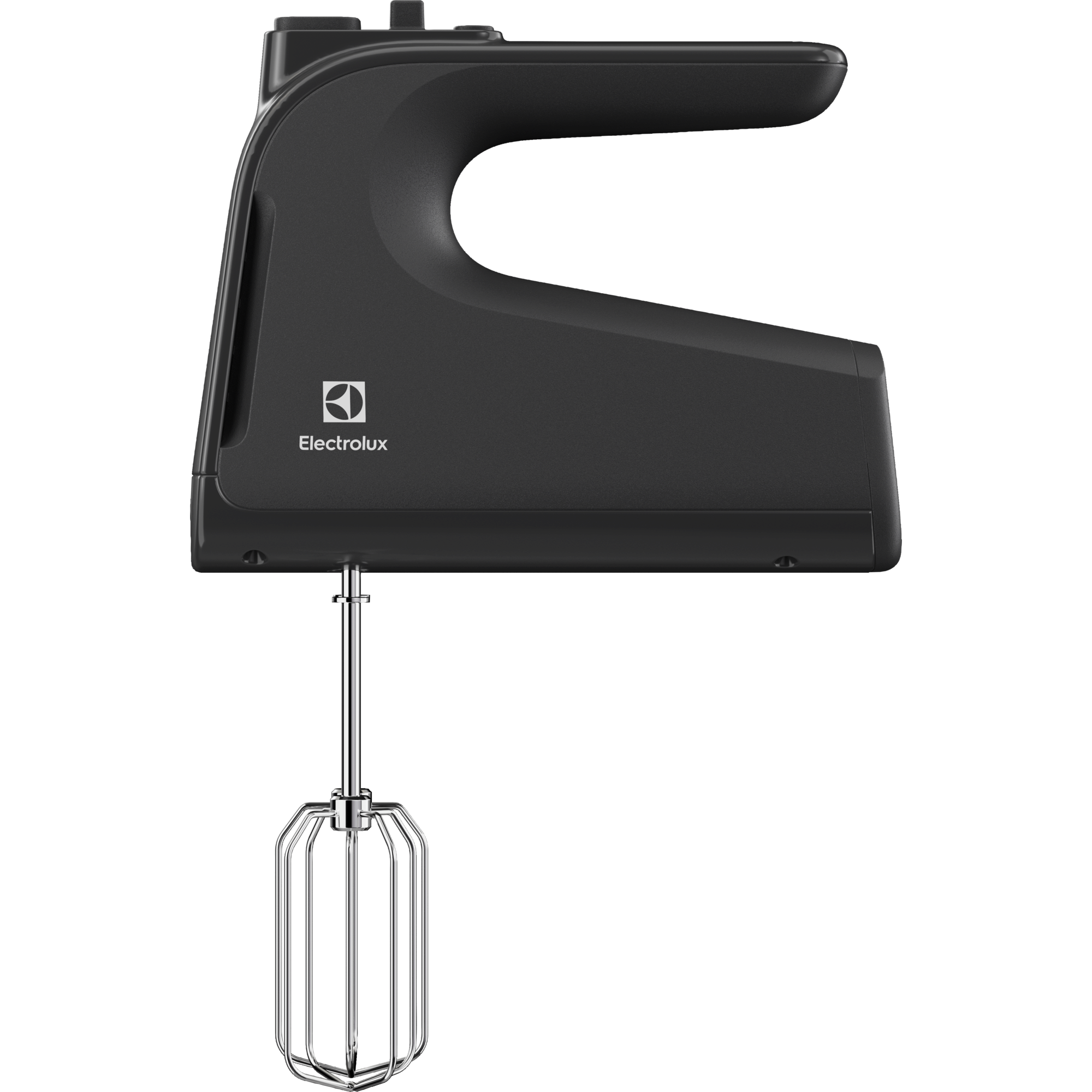 Frullatore a mano nero con una frusta inserita. Logo Electrolux visibile. Sfondo nero.