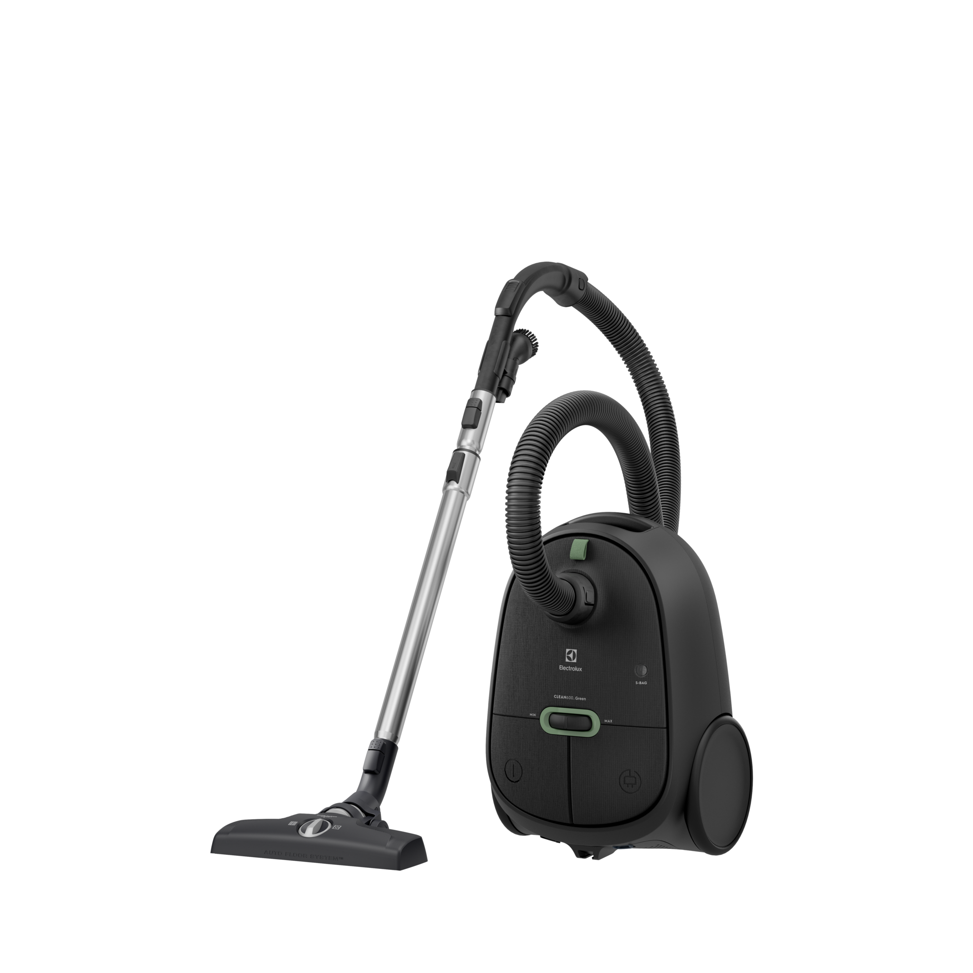 Aspirapolvere nero con accessori su sfondo bianco. Il logo Electrolux è visibile.