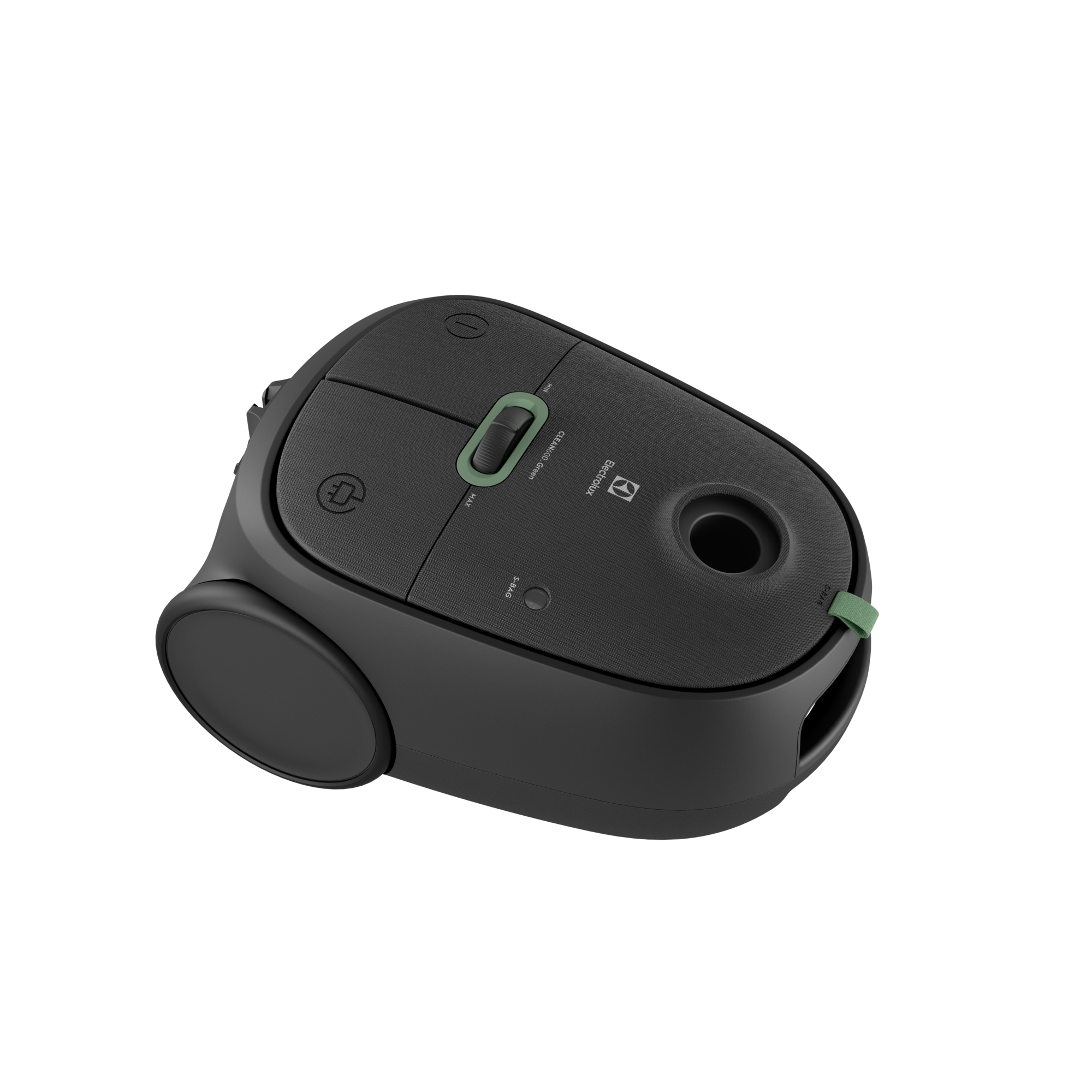 Un aspirapolvere Electrolux nero con un accento verde su uno sfondo nero, appoggiato su un lato.