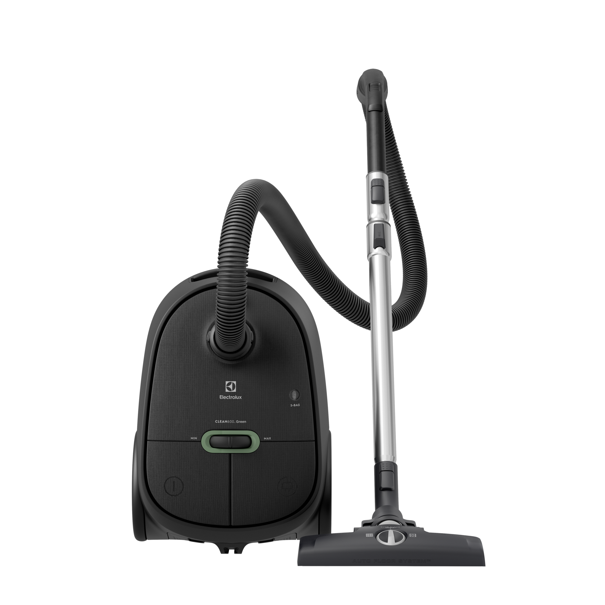 Un aspirapolvere nero Electrolux con una bacchetta argentata su uno sfondo bianco.