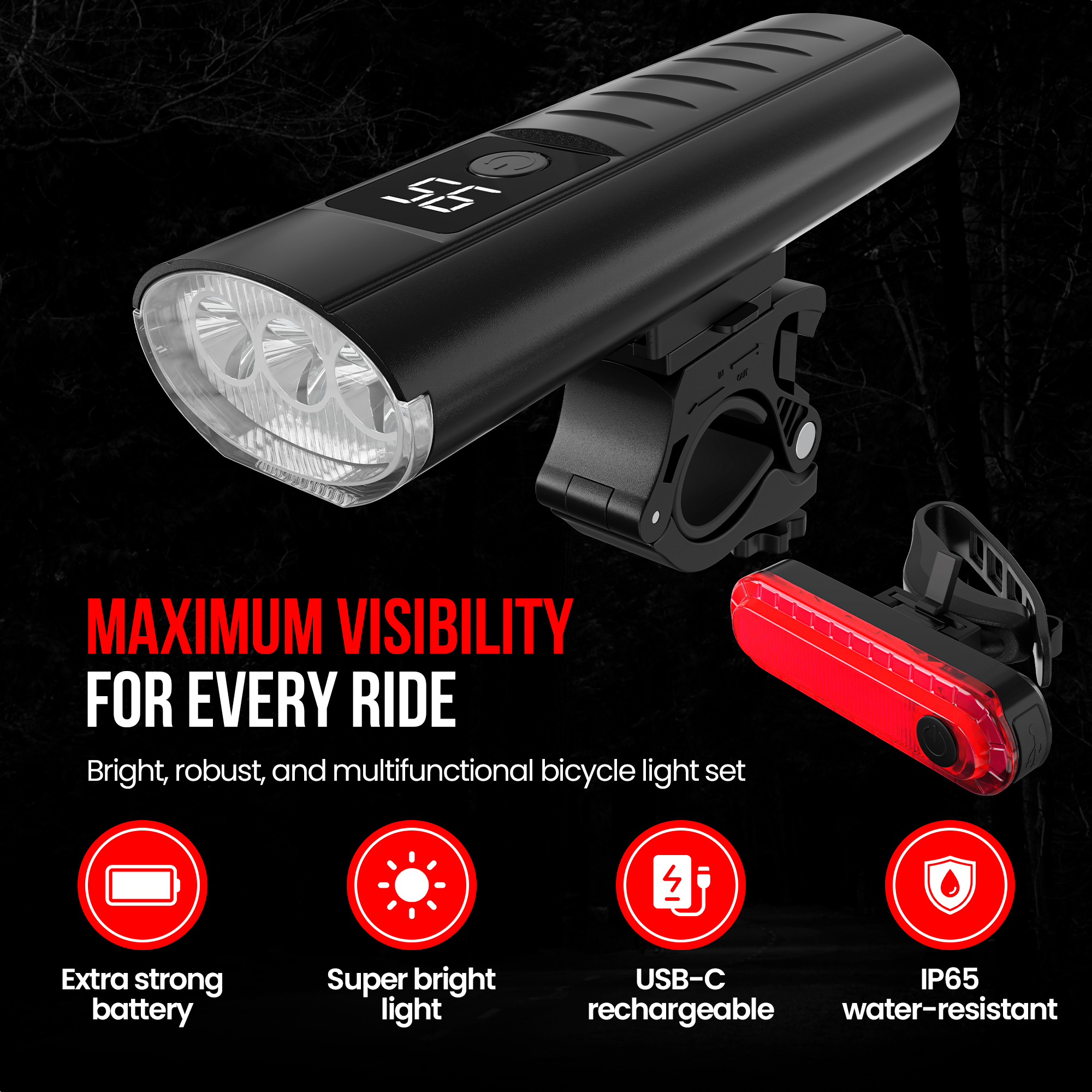 A black bicycle headlight and a red taillight with text on a dark background.