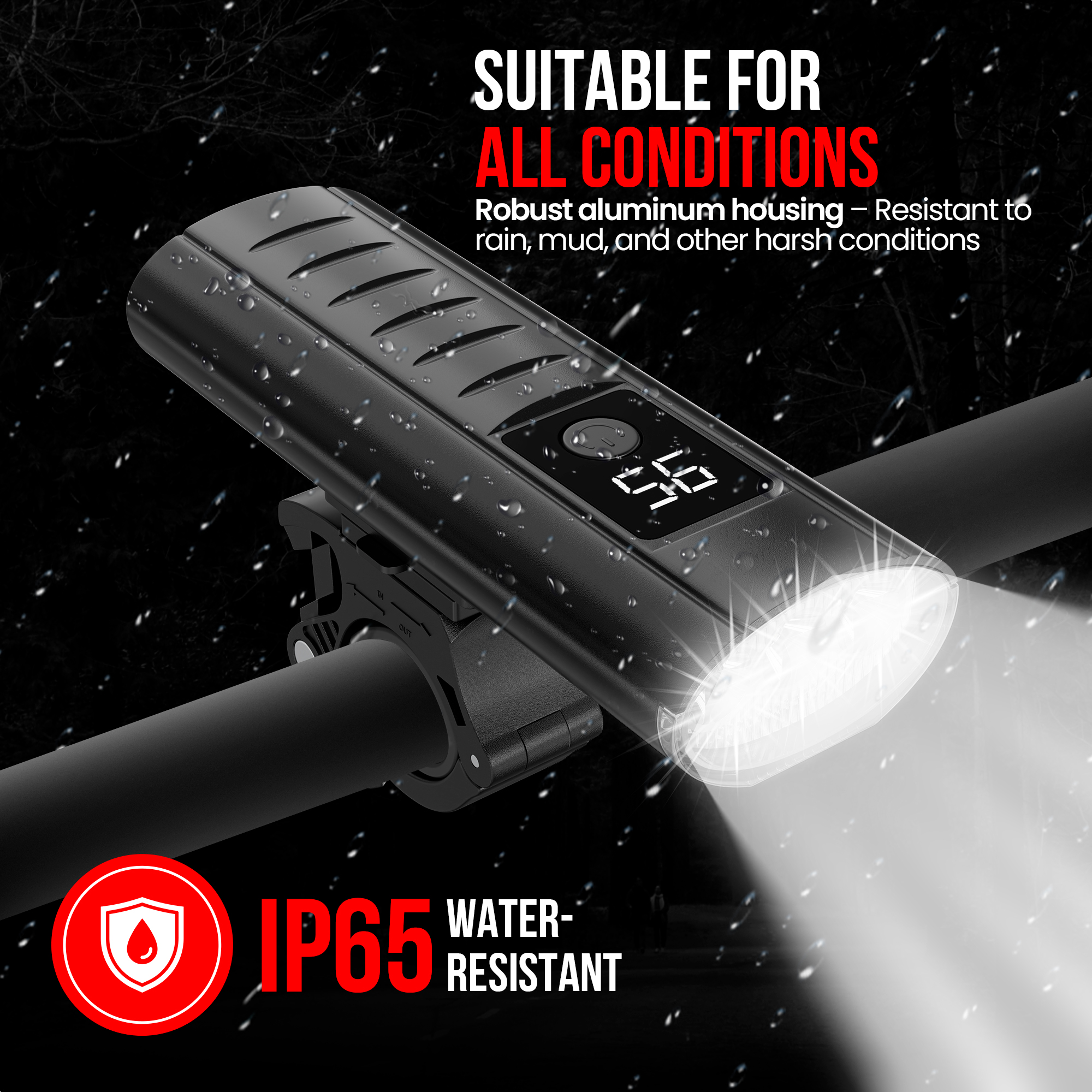A black bicycle headlight with water droplets and text on a dark background.