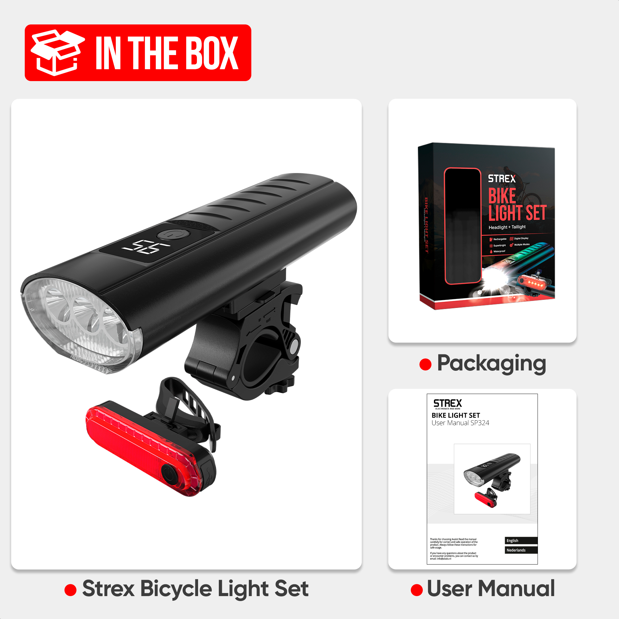 A black bicycle light set on the white background with text.