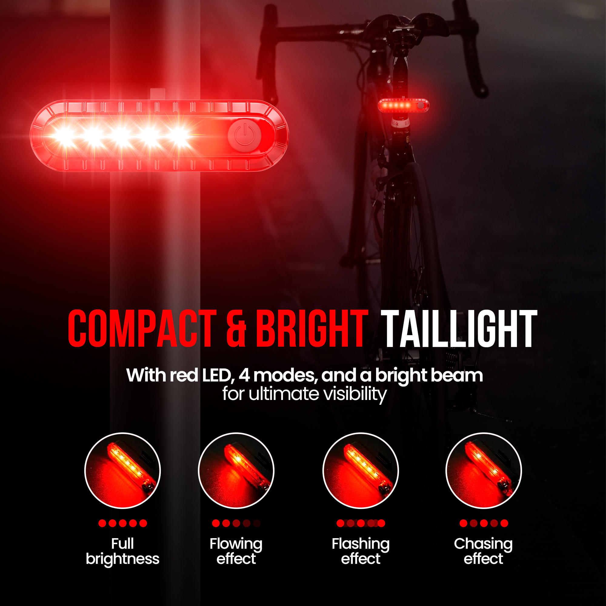 Red bike tail light with multiple modes. Bicycle in background.