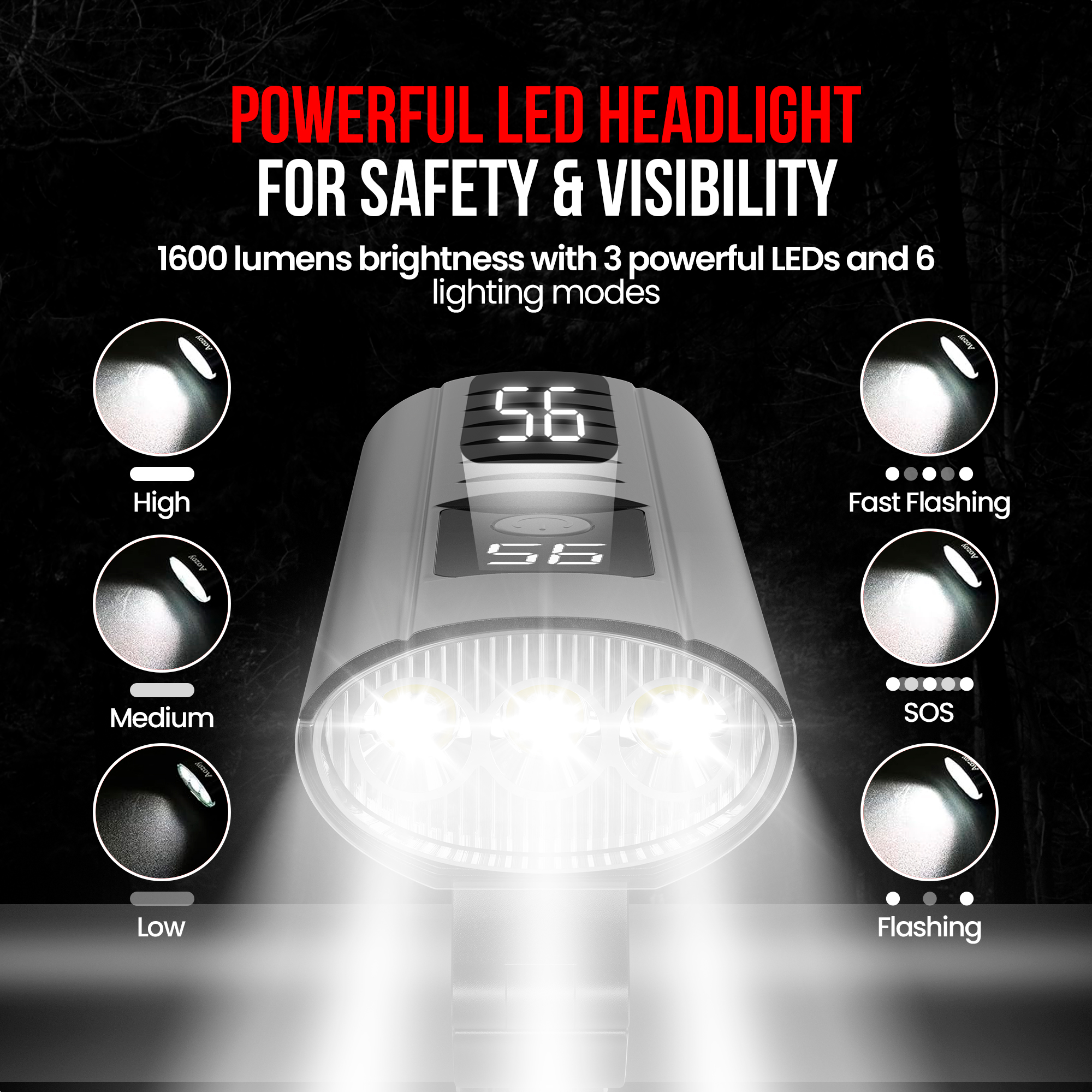 White bicycle headlight with 6 modes. Display shows '56'. Black background.