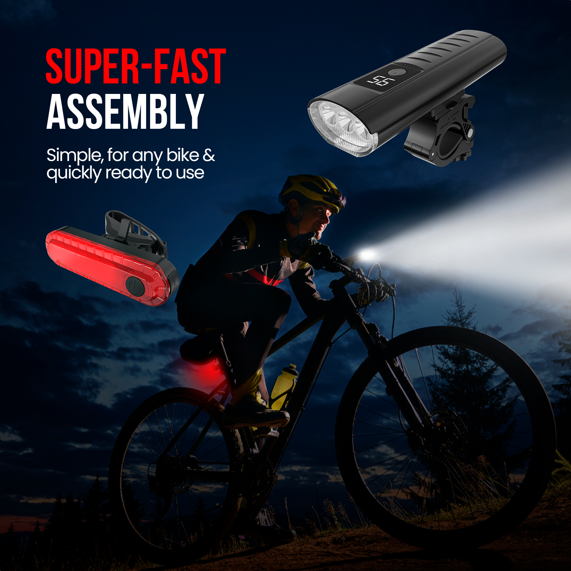 Cyclist riding a bike at night. Headlight and tail light on bike. Black background.