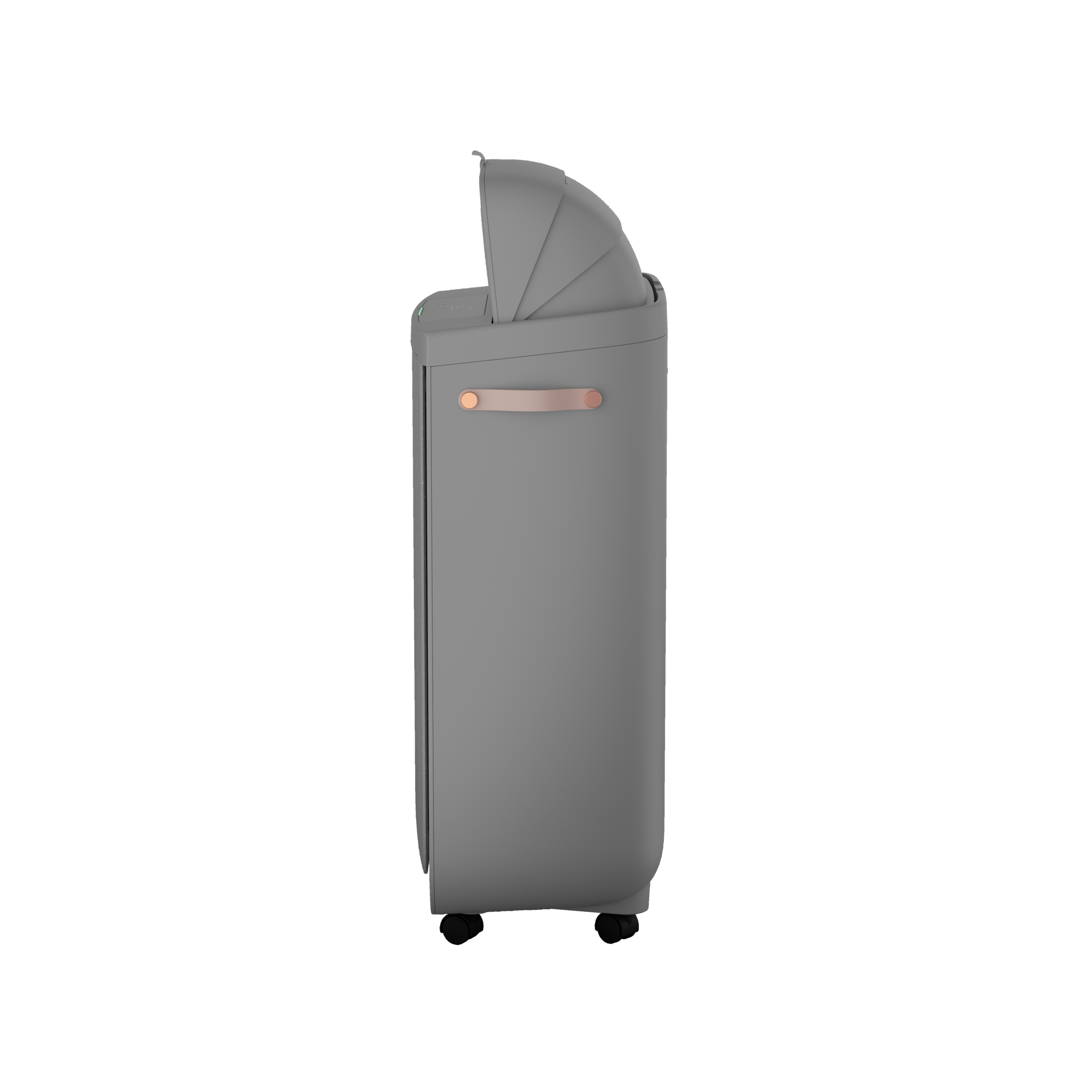 Purificatore d'aria grigio. Forma alta e curva con maniglia in rame. Dotato di tettuccio. Logo Electrolux.