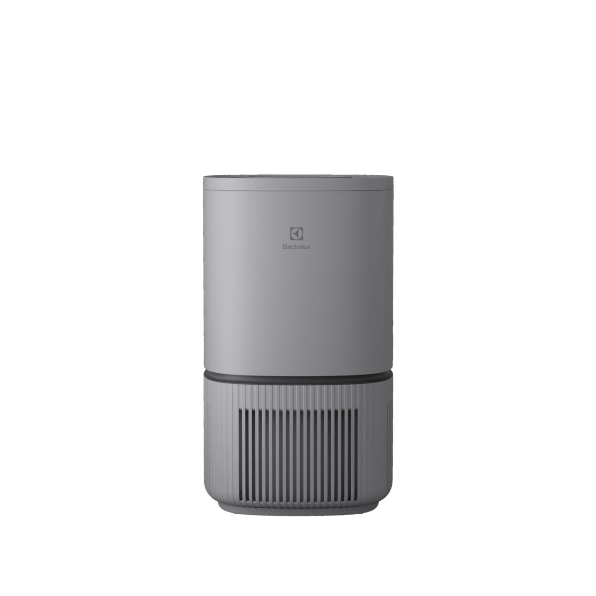 Un purificatore d'aria grigio con base e parte superiore rettangolari e una sezione grigio scuro con linee verticali al centro.