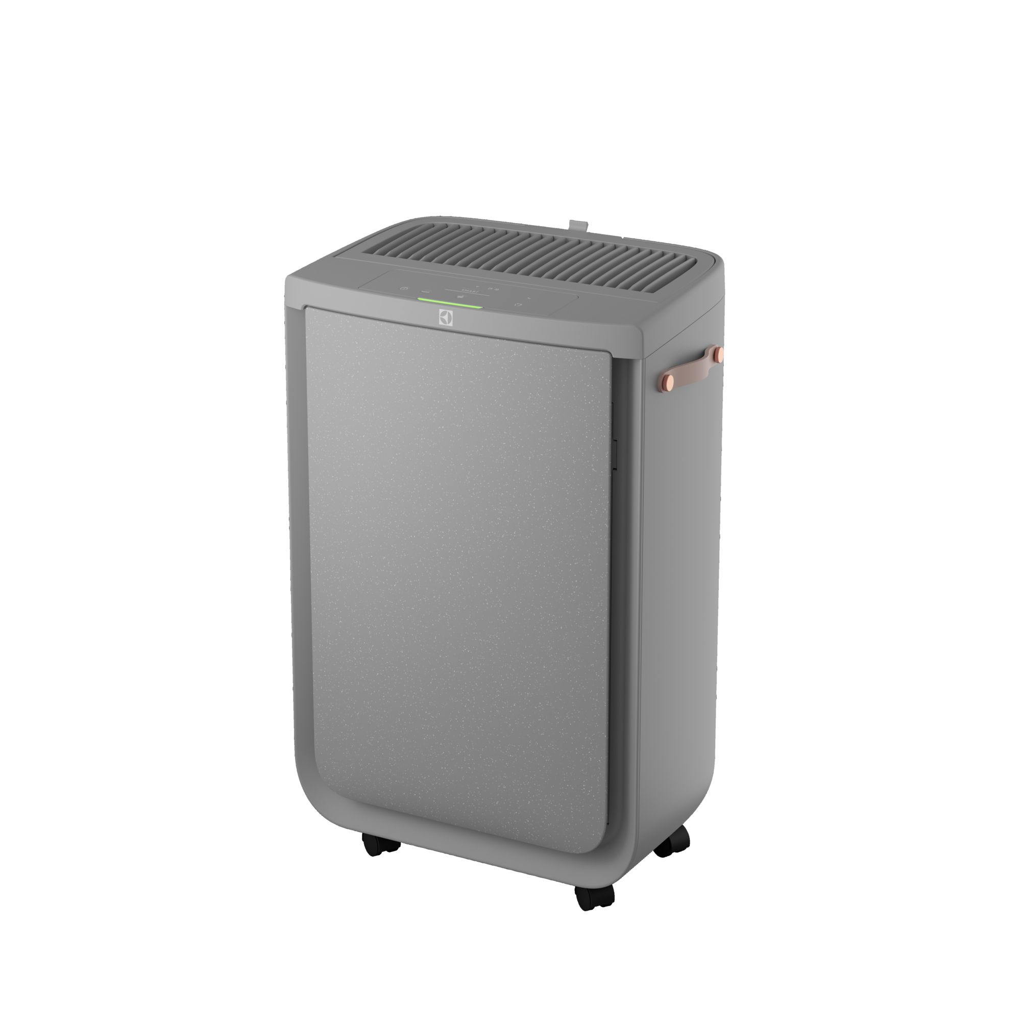 Un purificatore d'aria grigio dal design arrotondato, con un pannello frontale e maniglie color rame sui lati.