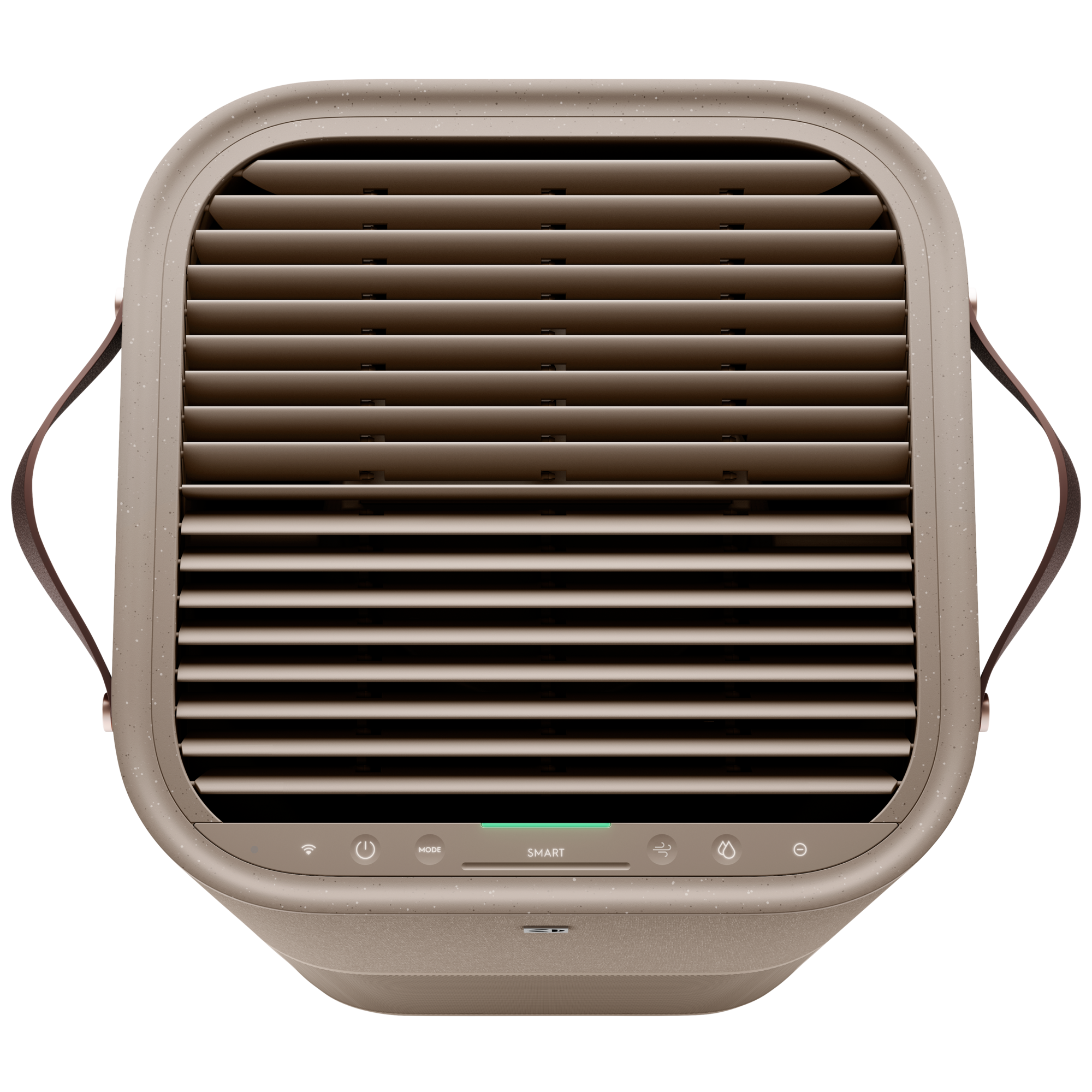 Vista dall'alto di un purificatore d'aria beige. Ha una forma rettangolare con griglie marroni e strutture simili a maniglie sui lati.
