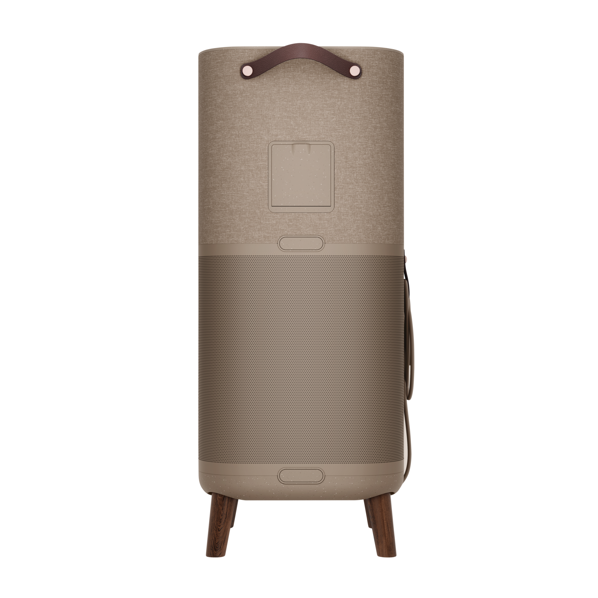 Vista posteriore di un purificatore d'aria beige e marrone con gambe in legno e manico in pelle. Ha un pannello frontale perforato.