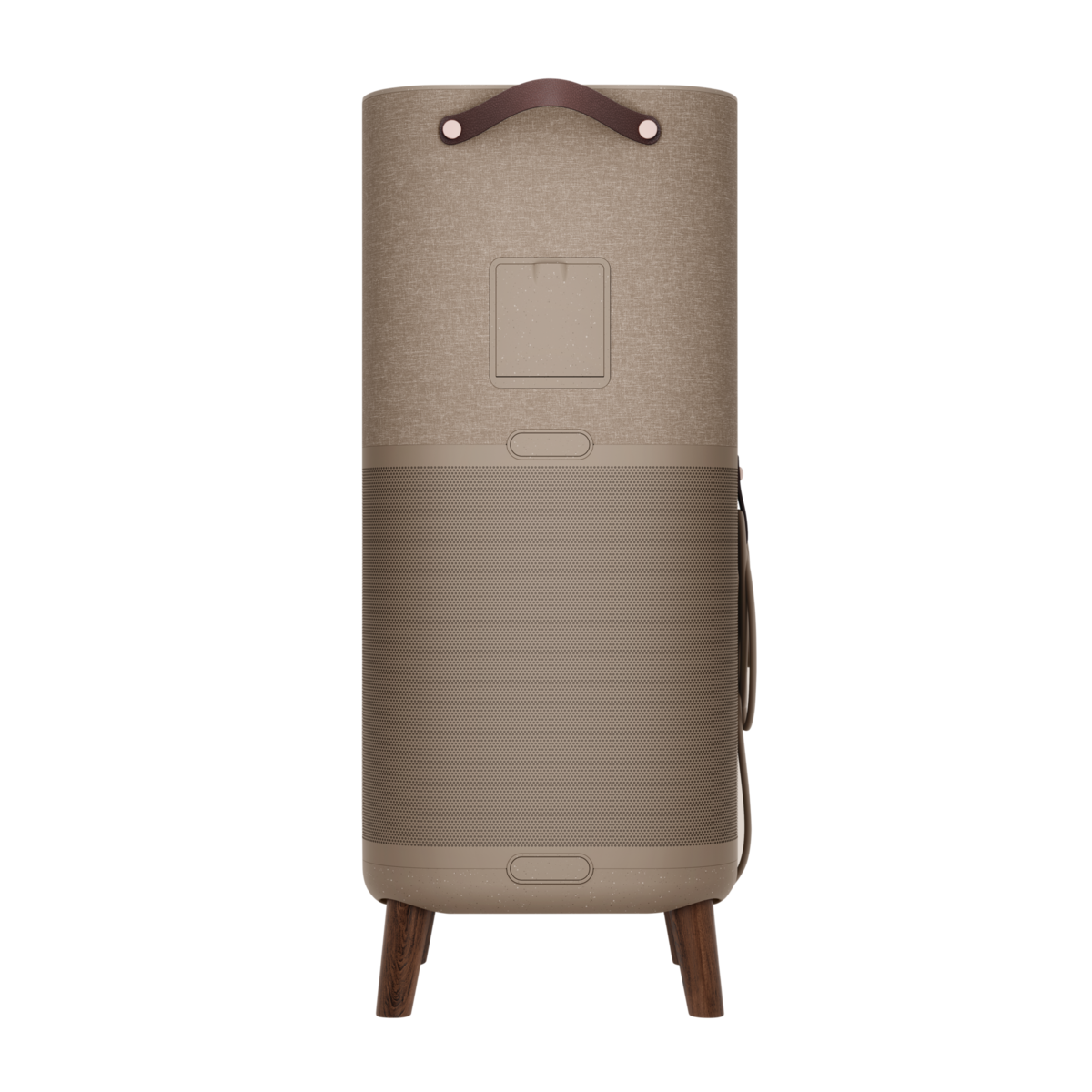 Vista posteriore di un purificatore d'aria beige e marrone con gambe in legno e manico in pelle. Presenta un pannello perforato.