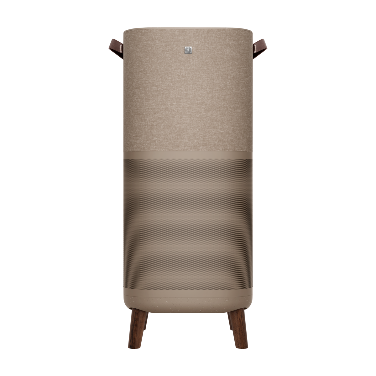 Un purificatore d'aria beige e marrone di forma cilindrica. Ha un manico in pelle e gambe in legno.