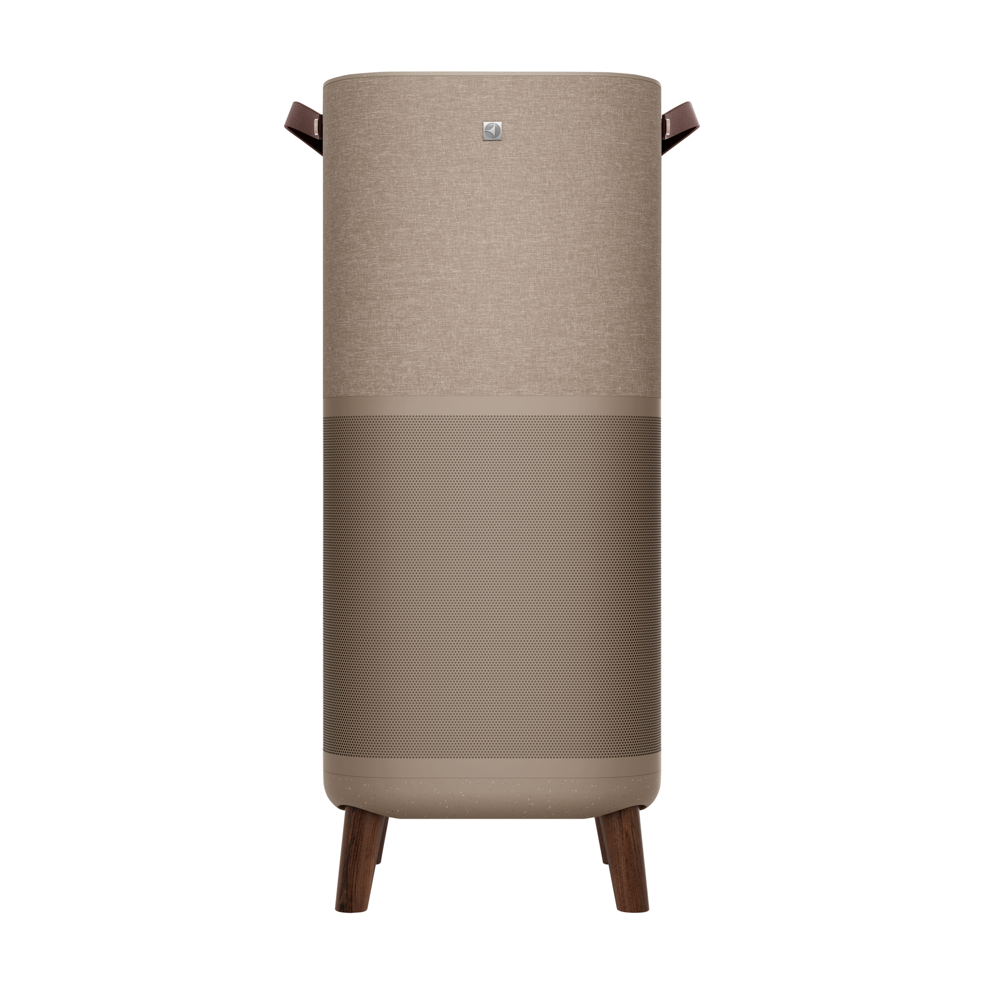 Un purificatore d'aria beige e marrone di forma cilindrica. Ha un manico in pelle e gambe in legno.