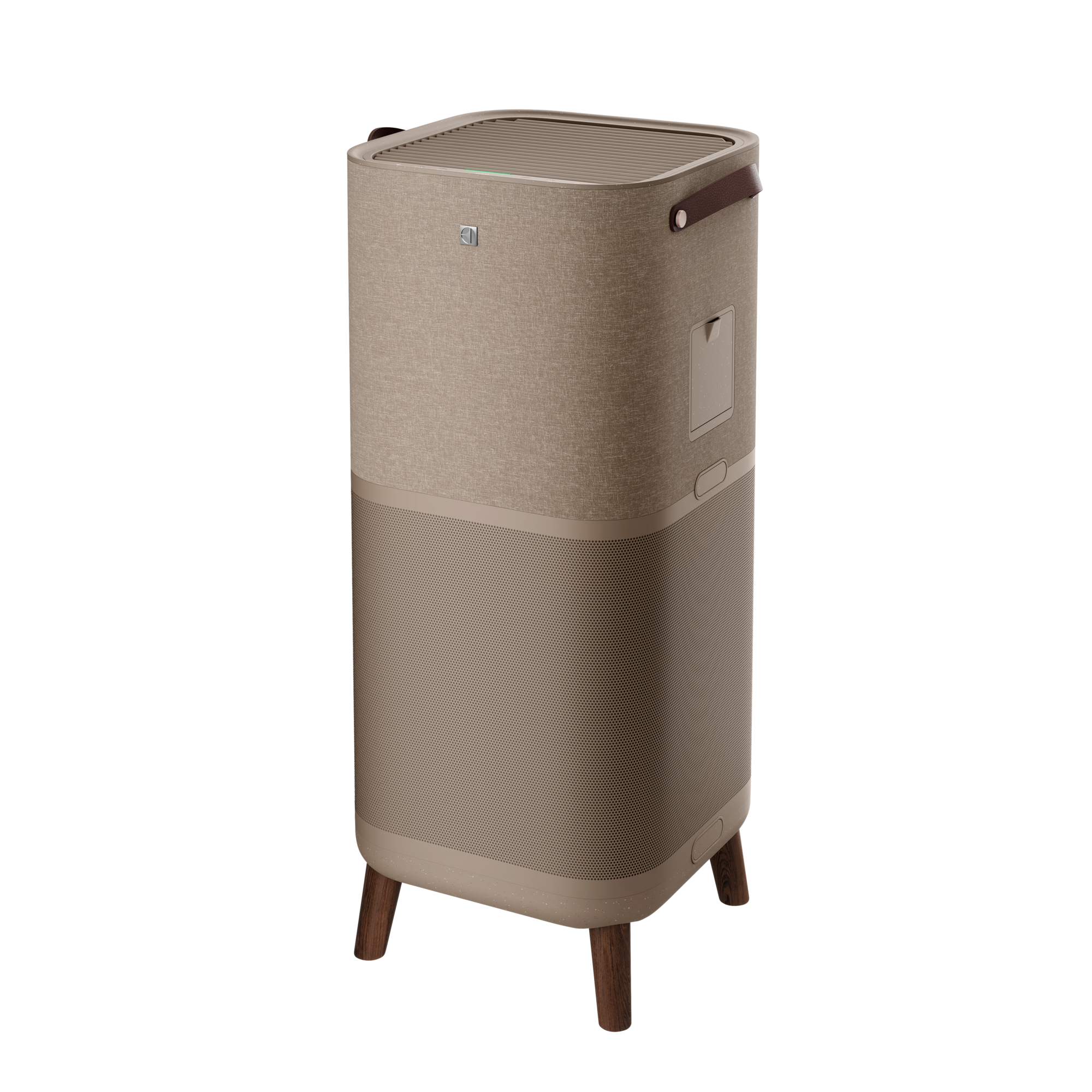 Un purificatore d'aria beige e marrone con gambe in legno e uno smartphone con il logo Electrolux accanto.