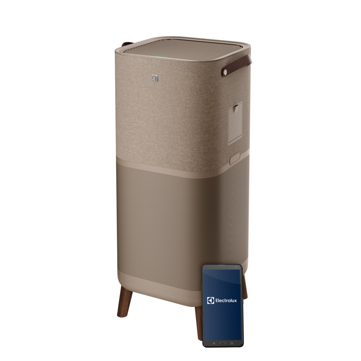 Un purificatore d'aria beige e marrone con gambe in legno e uno smartphone con il logo Electrolux accanto.