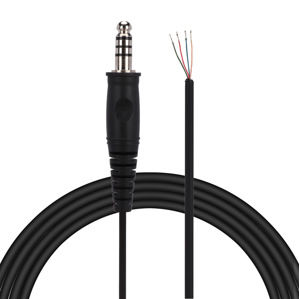 Schwarzes Audiokabel mit Klinkenstecker an einem Ende und abisolierten Drähten am anderen Ende, auf weißem Hintergrund.