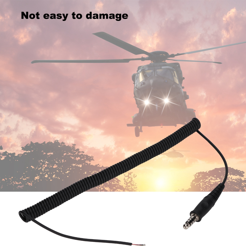 Gekräuseltes schwarzes Kabel mit Klinkenstecker, mit Hubschrauber- und Sonnenuntergangshintergrund. Text: "Nicht leicht zu beschädigen".