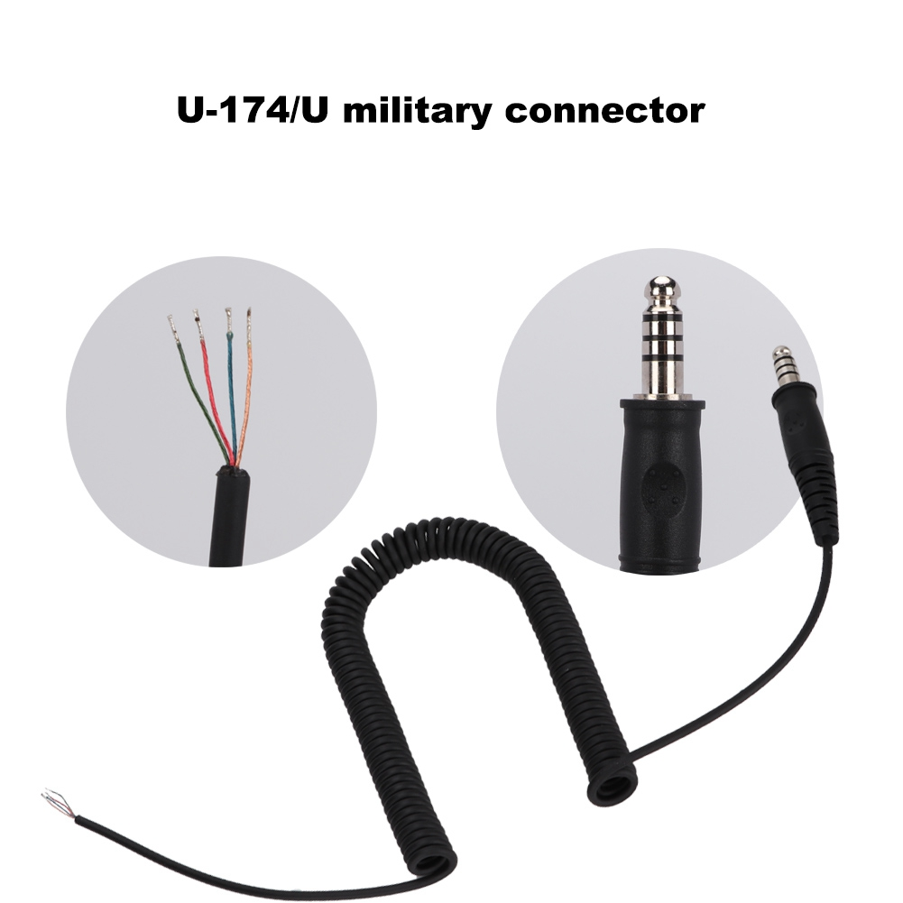 Nahaufnahme eines Klinkensteckers, abisolierter Drähte und eines Spiralkabels mit Text "U-174/U military connector".