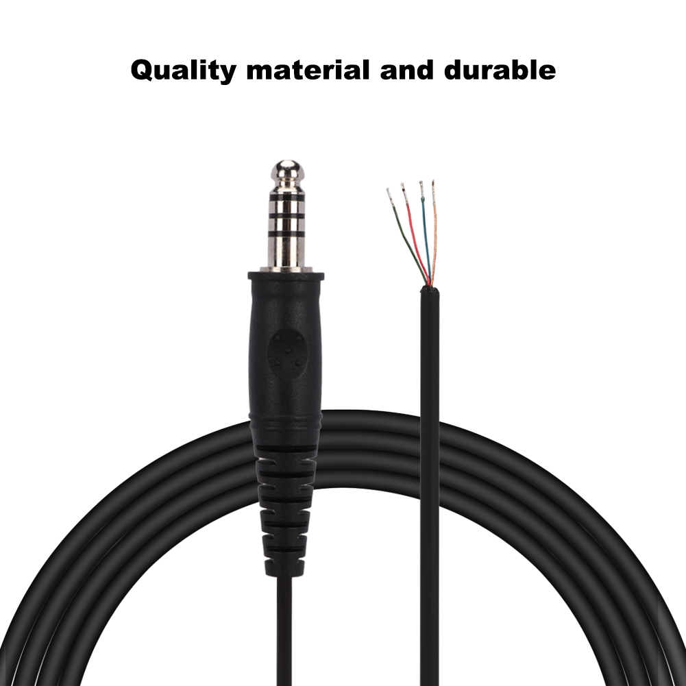 Schwarzes Audiokabel mit Klinkenstecker und abisolierten Drähten, mit Text: „Hochwertiges Material und langlebig“.