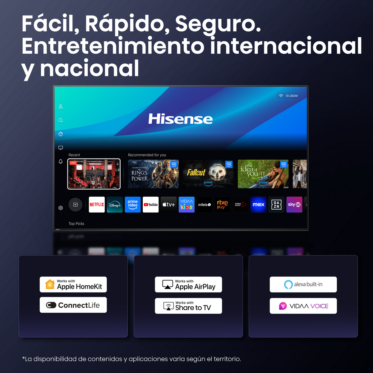 Écran de télévision affichant des applications, avec des logos de services de streaming et du texte en espagnol.