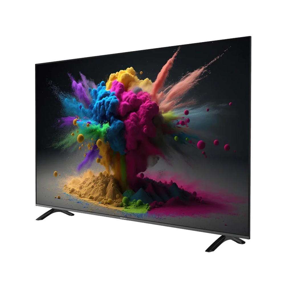 Uno schermo TV mostra un'esplosione colorata di vernice, con uno sfondo scuro e un supporto nella parte inferiore.