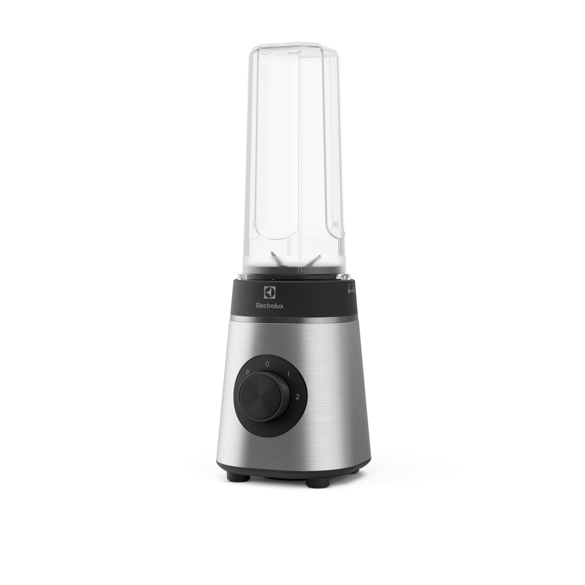 Frullatore Electrolux argento e nero su sfondo nero, con manopola di controllo.