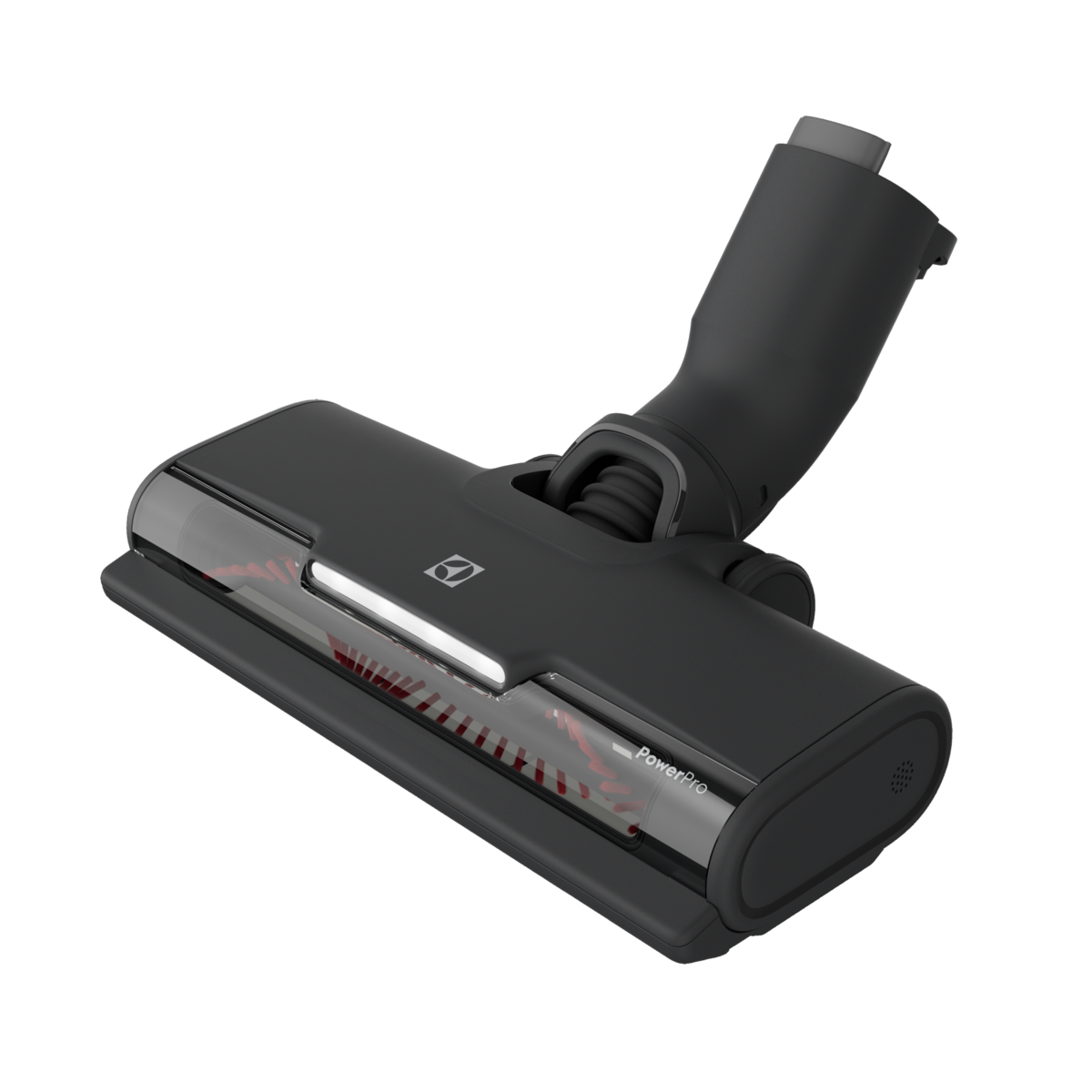 Testa dell'aspirapolvere nera con testo 'PowerPro'. Spazzola rossa visibile. Sfondo nero.