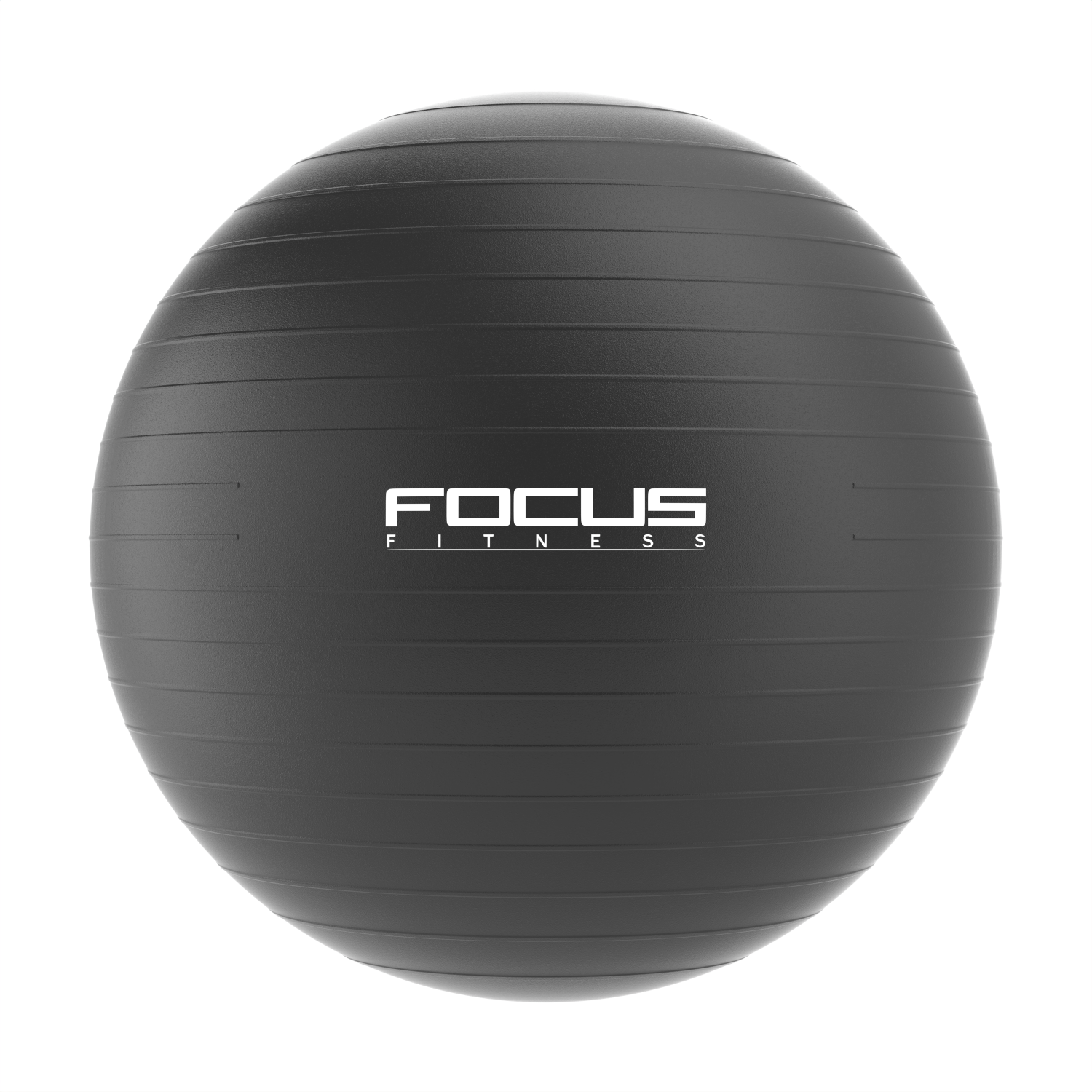 Balle d'exercice noire avec texte 'FOCUS FITNESS'. Fond blanc.