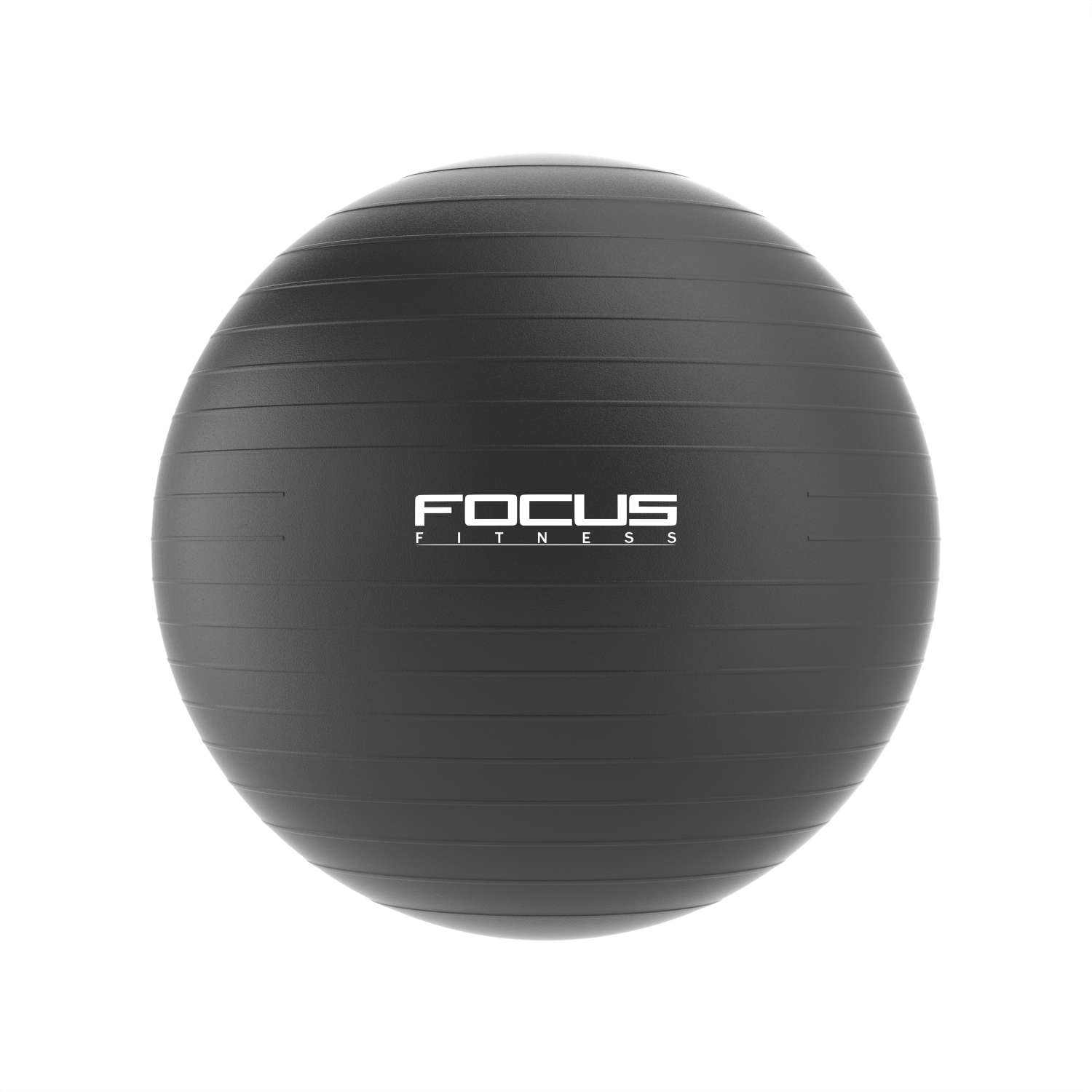 Zwarte fitnessbal met de woorden FOCUS FITNESS erop. Geribbelde oppervlakte.