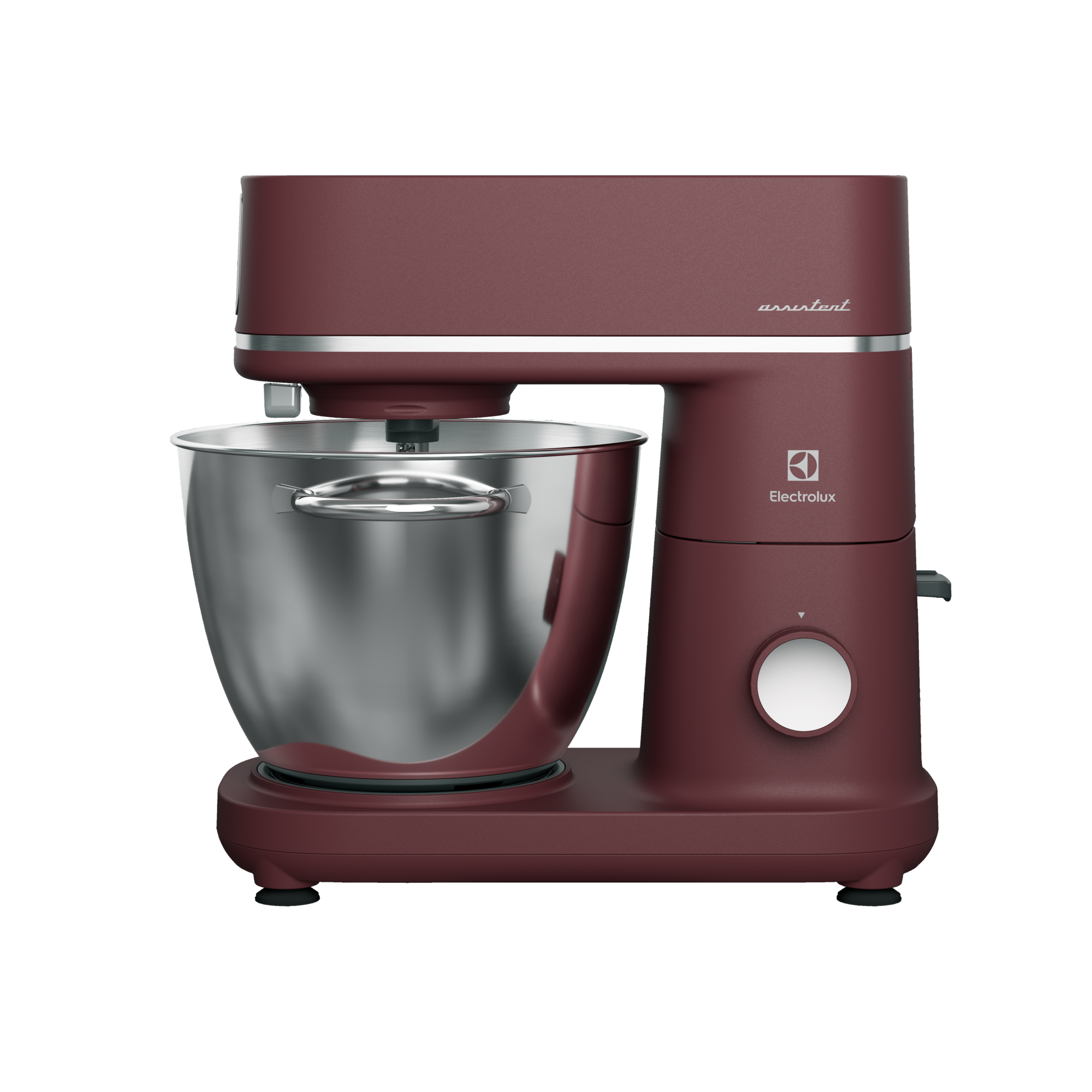 Impastatrice bordeaux con ciotola argentata, marchio Electrolux. Sfondo bianco.