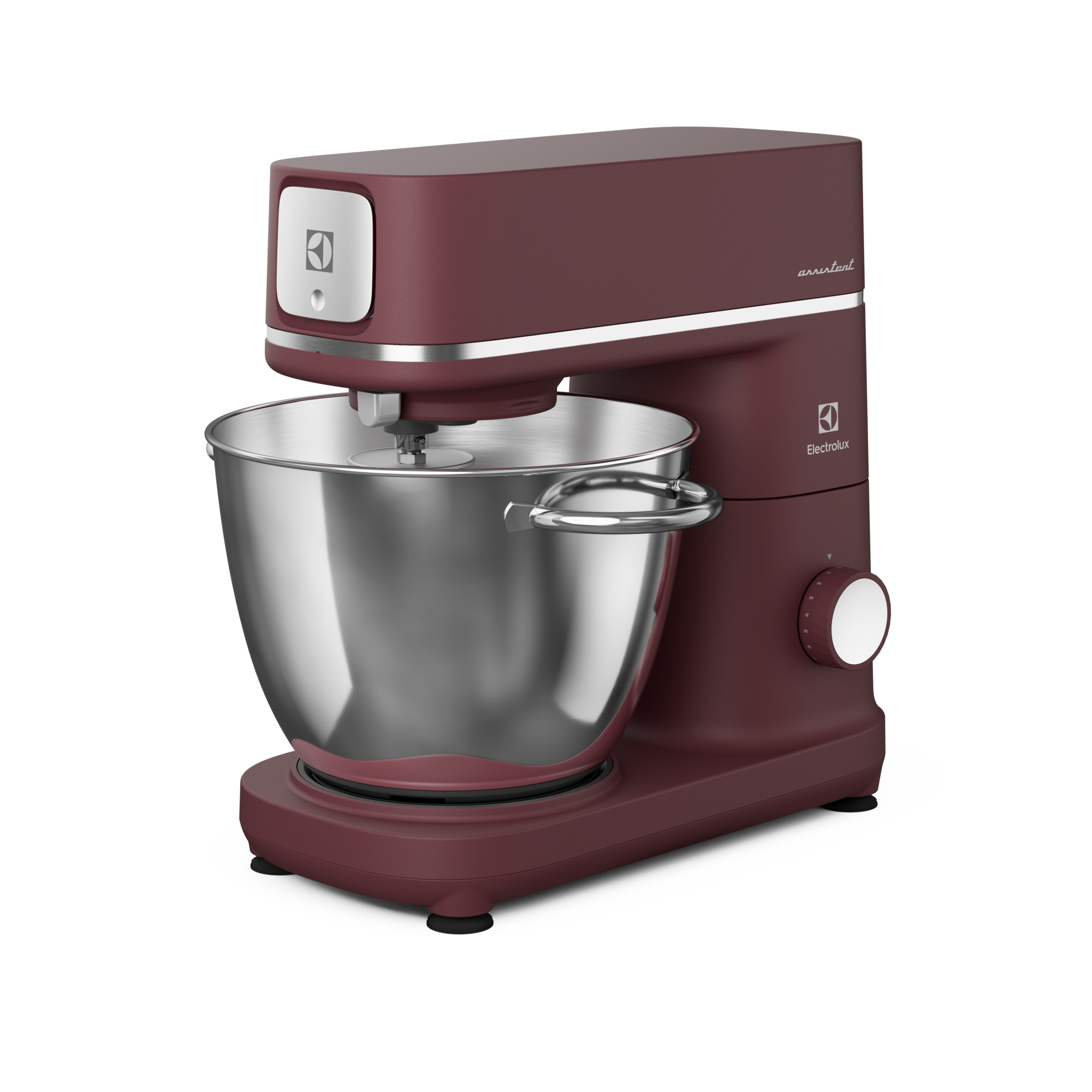 Impastatrice bordeaux con ciotola argentata, marchio Electrolux. Sfondo bianco.