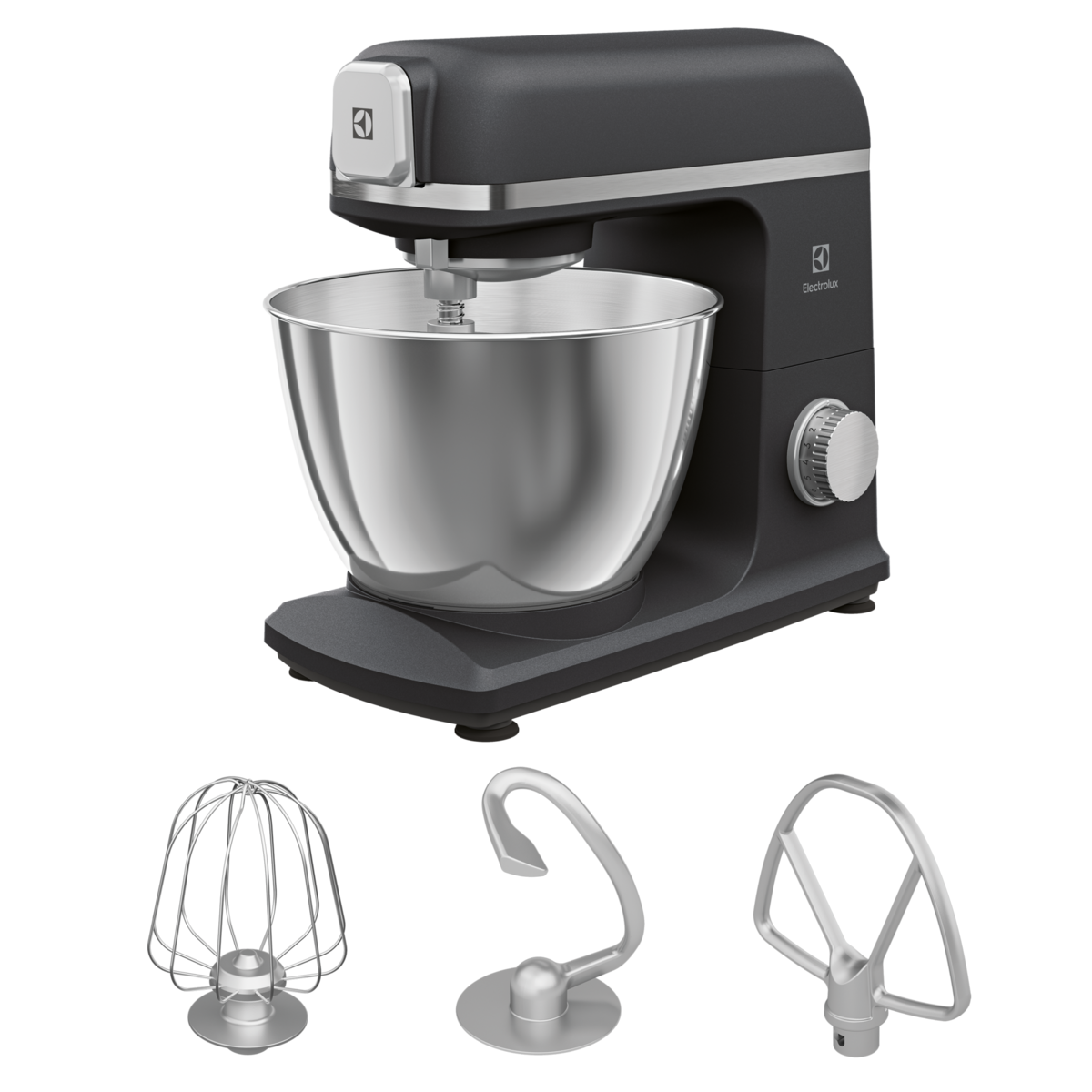 Un mixer nero con ciotola e tre accessori, su sfondo scuro.