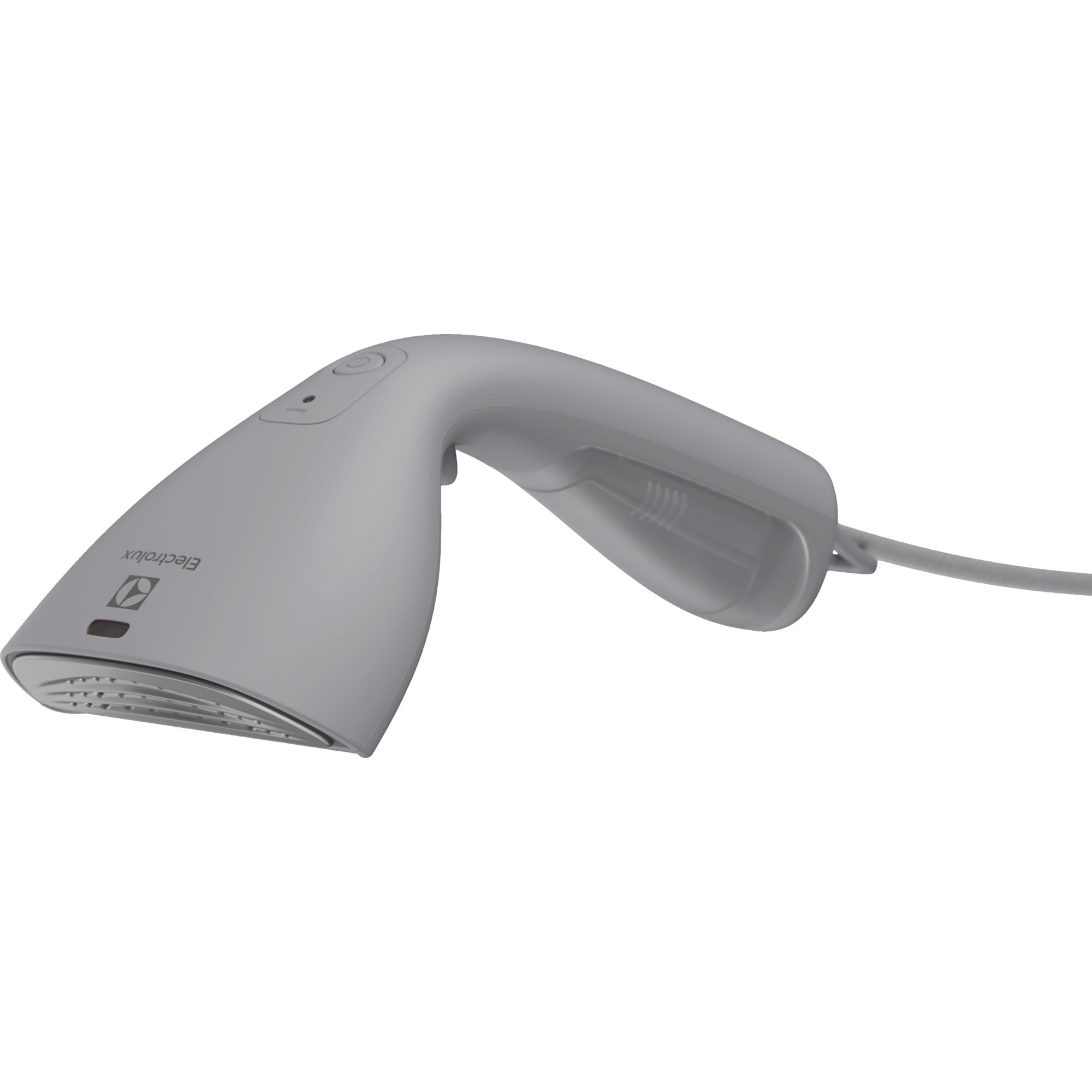 Un vaporizzatore portatile grigio Electrolux è angolato, mostrando il nome del marchio, lo sfiato del vapore e il serbatoio dell'acqua su nero.