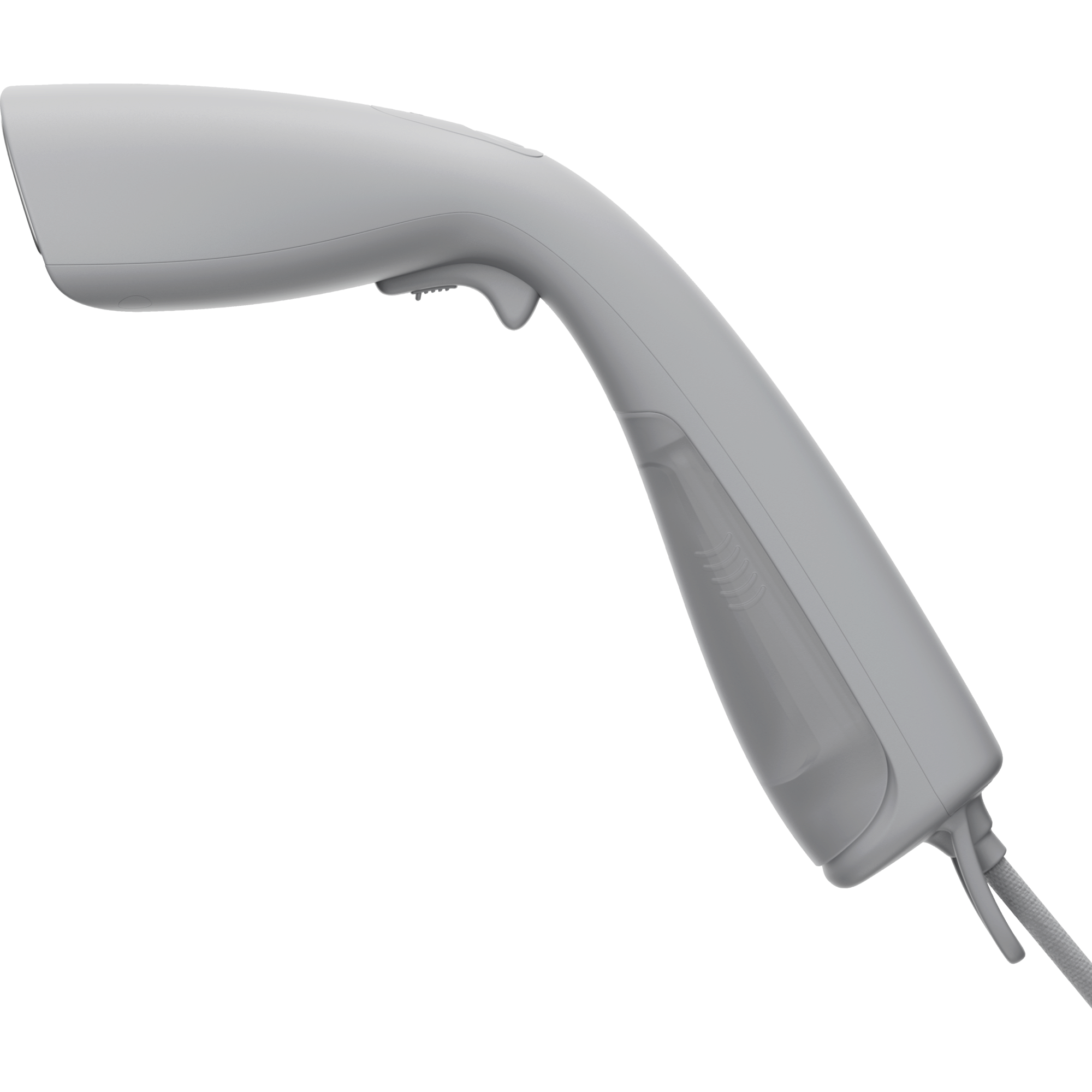 Un vaporizzatore portatile grigio con grilletto e serbatoio dell'acqua trasparente, collegato a un cavo.